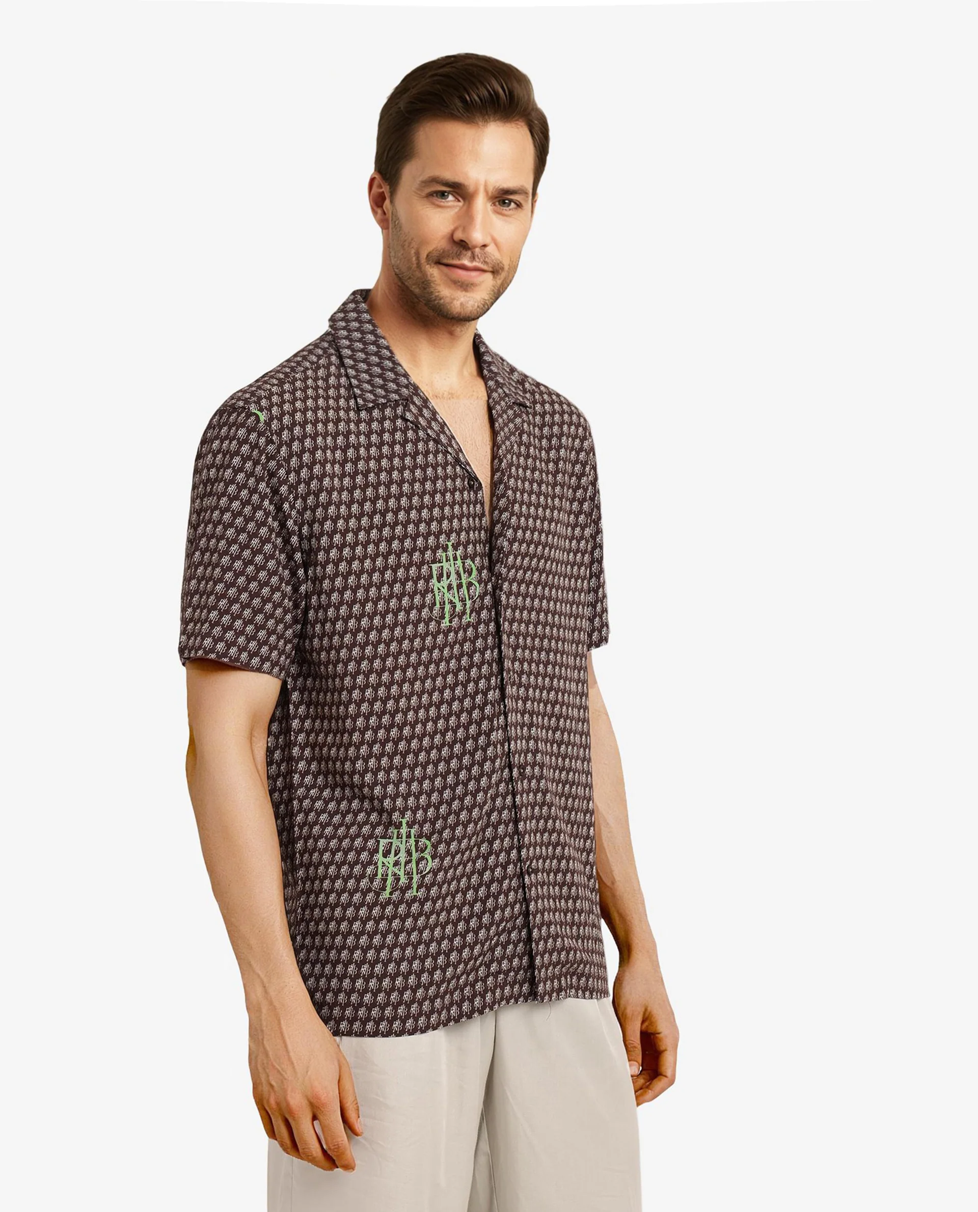 Rare Rabbit Men's Vex Brown Viscose Monogram Print Boxy Fit Half Sleeve Cuban Collar Shirt - Image 3