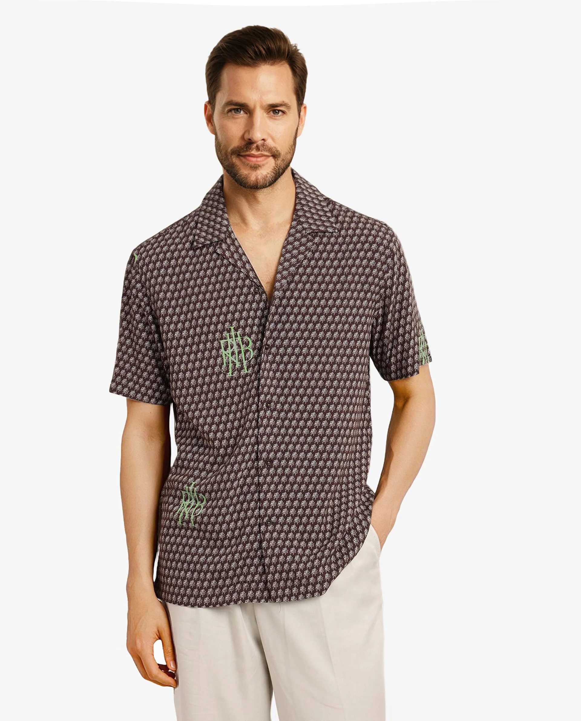 Rare Rabbit Men's Vex Brown Viscose Monogram Print Boxy Fit Half Sleeve Cuban Collar Shirt - Image 4