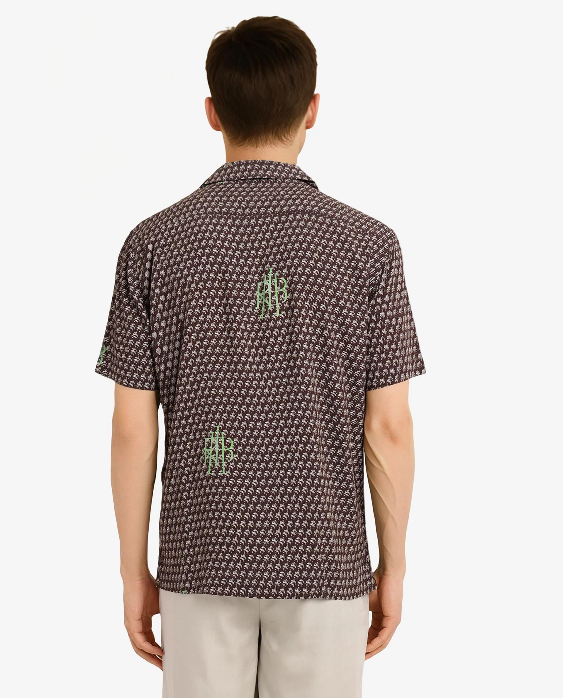 Rare Rabbit Men's Vex Brown Viscose Monogram Print Boxy Fit Half Sleeve Cuban Collar Shirt - Image 5