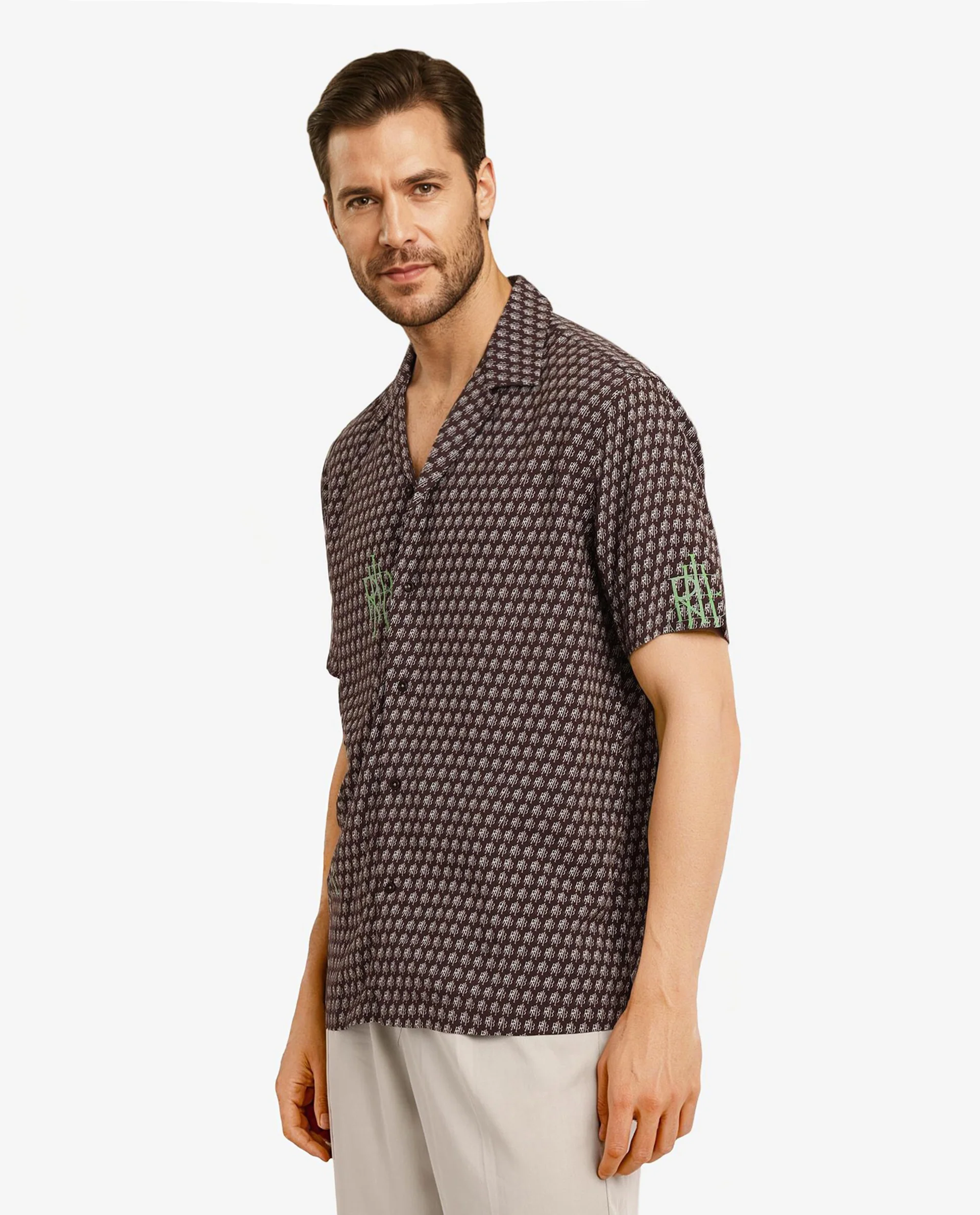 Rare Rabbit Men's Vex Brown Viscose Monogram Print Boxy Fit Half Sleeve Cuban Collar Shirt - Image 6