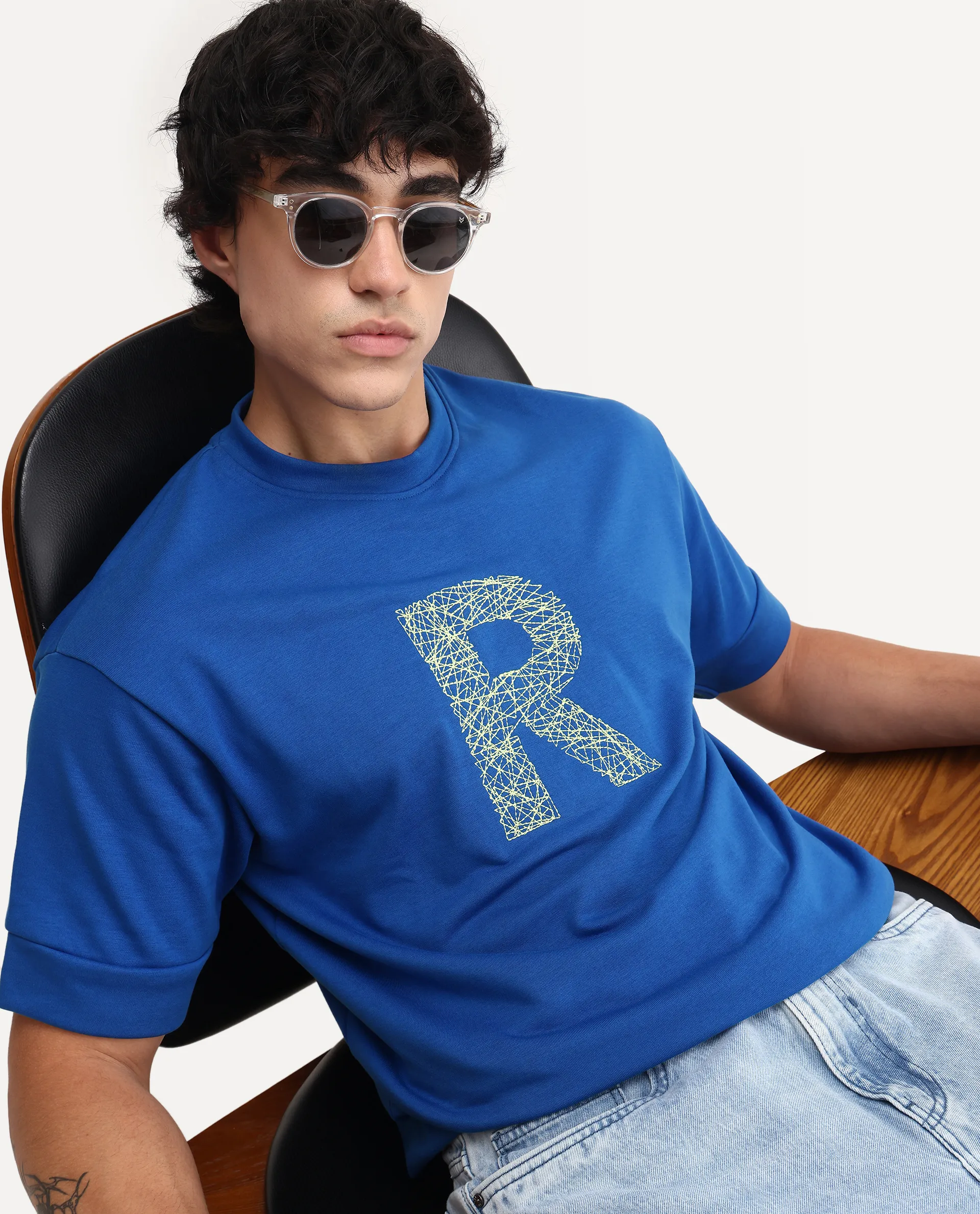 Rare Rabbit Men's Vexi Blue Cotton Blend Embroidered Oversized Fit Half Sleeve Crew Neck T-Shirt
