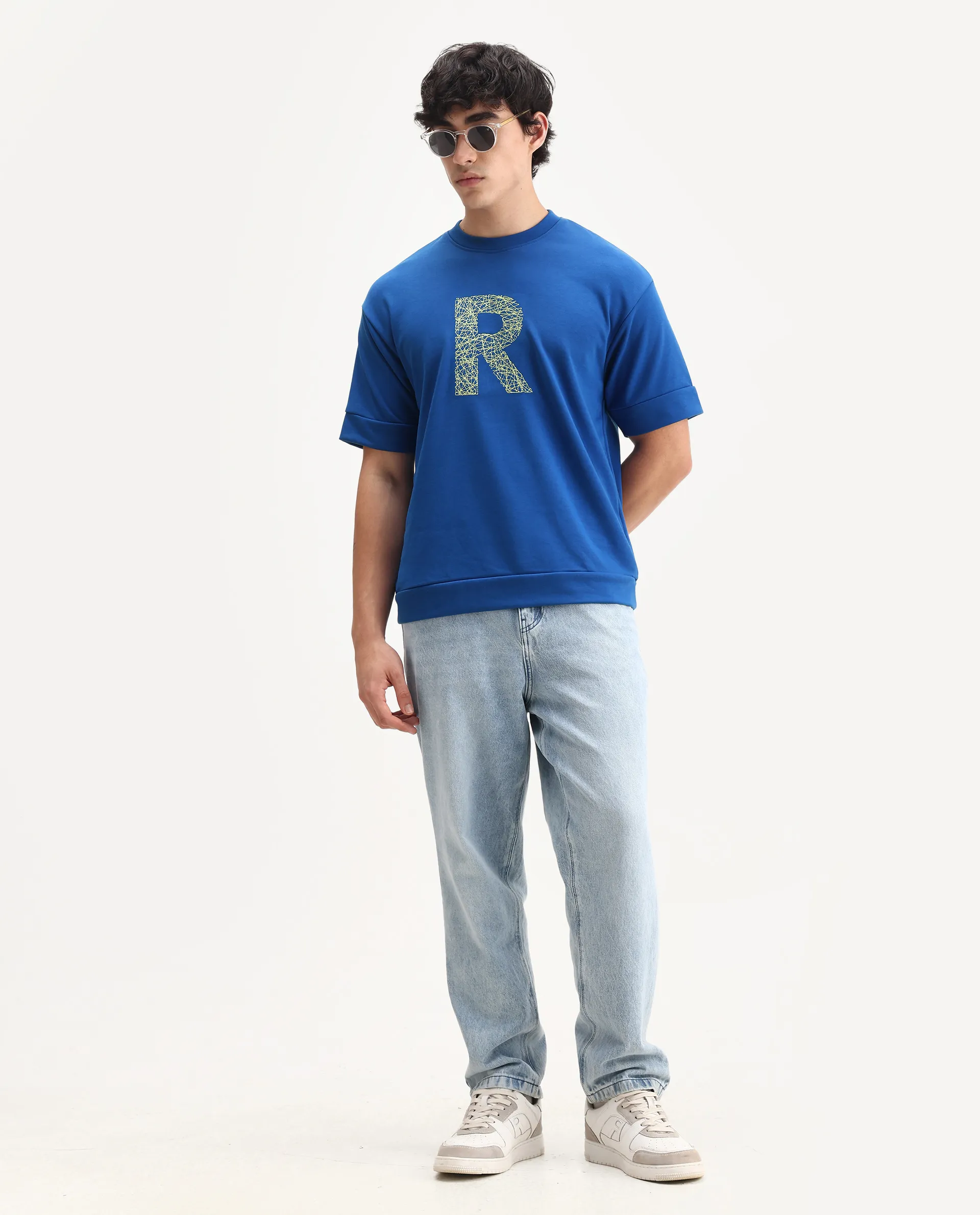 Rare Rabbit Men's Vexi Blue Cotton Blend Embroidered Oversized Fit Half Sleeve Crew Neck T-Shirt - Image 2