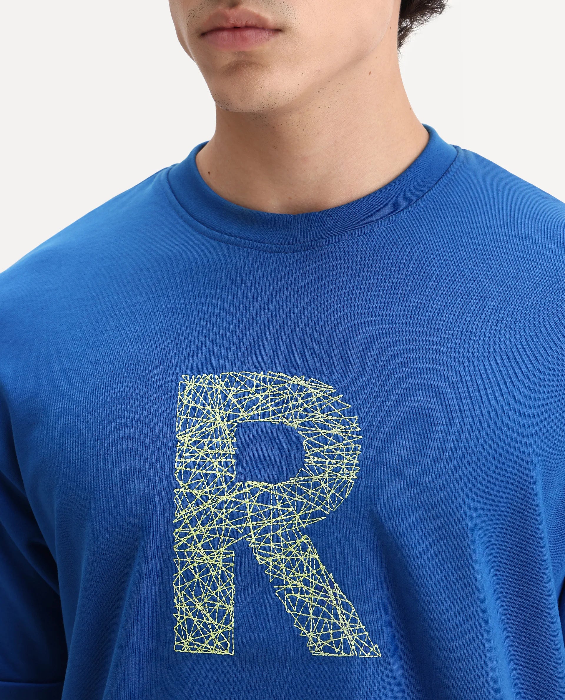 Rare Rabbit Men's Vexi Blue Cotton Blend Embroidered Oversized Fit Half Sleeve Crew Neck T-Shirt - Image 3