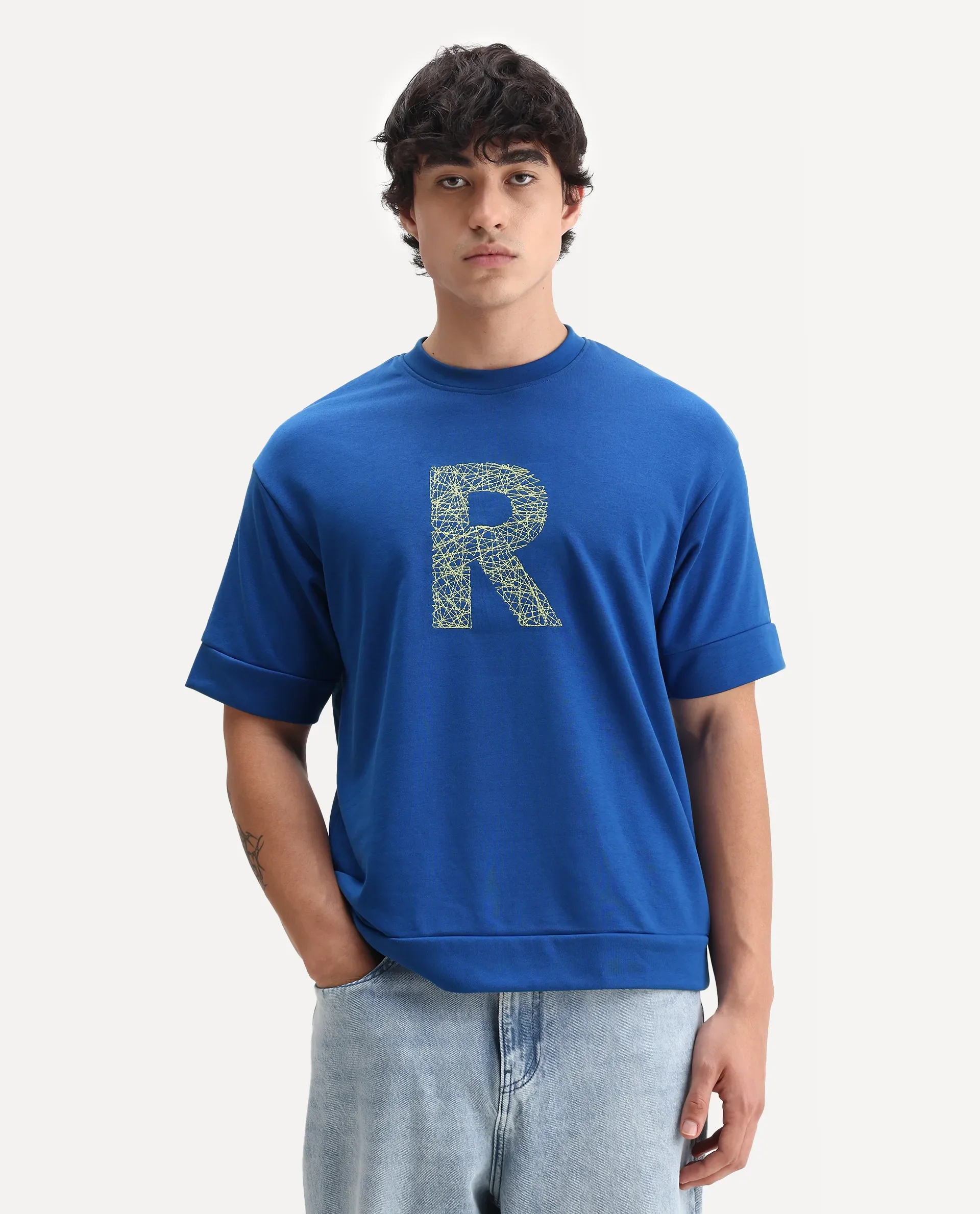 Rare Rabbit Men's Vexi Blue Cotton Blend Embroidered Oversized Fit Half Sleeve Crew Neck T-Shirt - Image 4