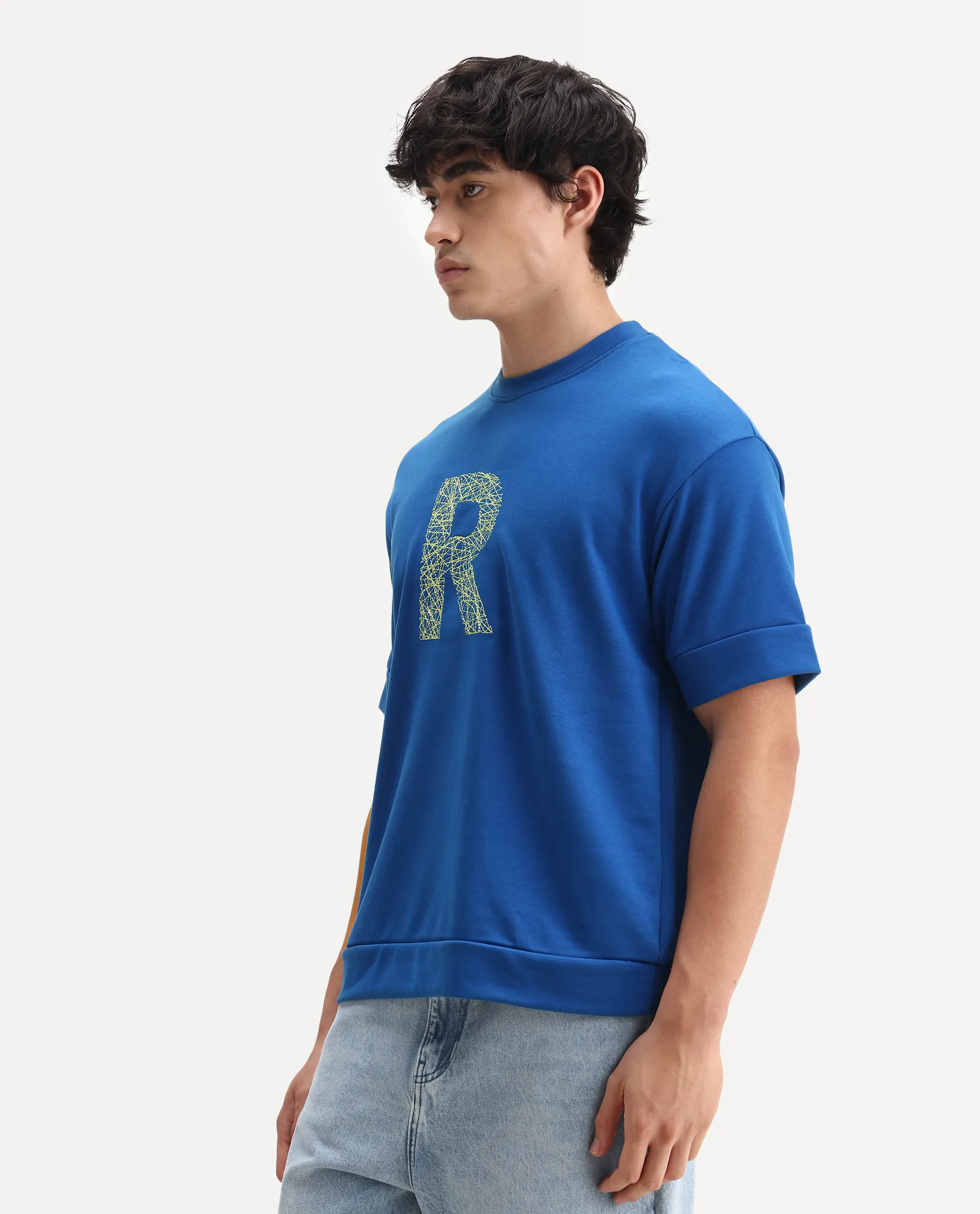 Rare Rabbit Men's Vexi Blue Cotton Blend Embroidered Oversized Fit Half Sleeve Crew Neck T-Shirt - Image 5