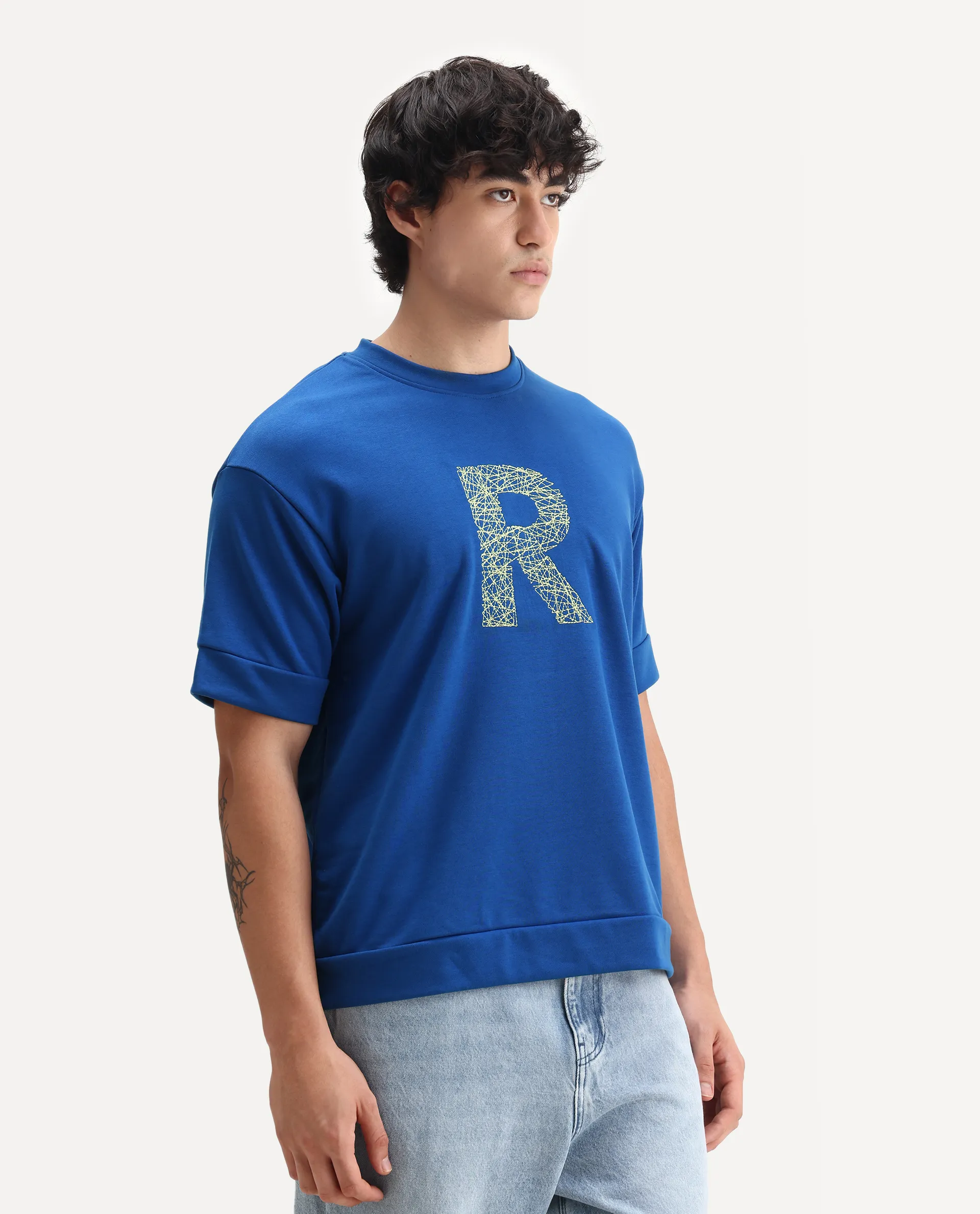 Rare Rabbit Men's Vexi Blue Cotton Blend Embroidered Oversized Fit Half Sleeve Crew Neck T-Shirt - Image 6