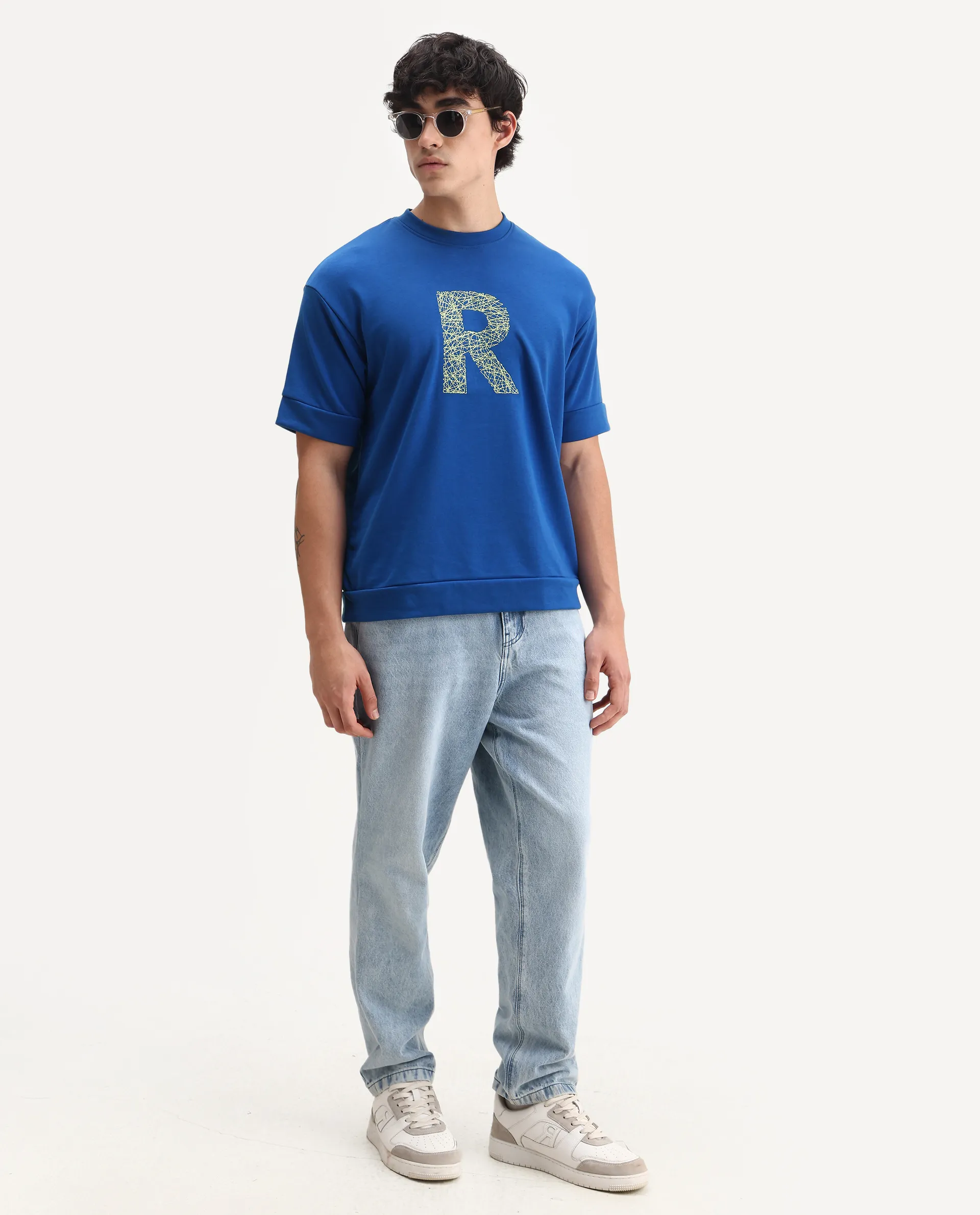 Rare Rabbit Men's Vexi Blue Cotton Blend Embroidered Oversized Fit Half Sleeve Crew Neck T-Shirt - Image 7