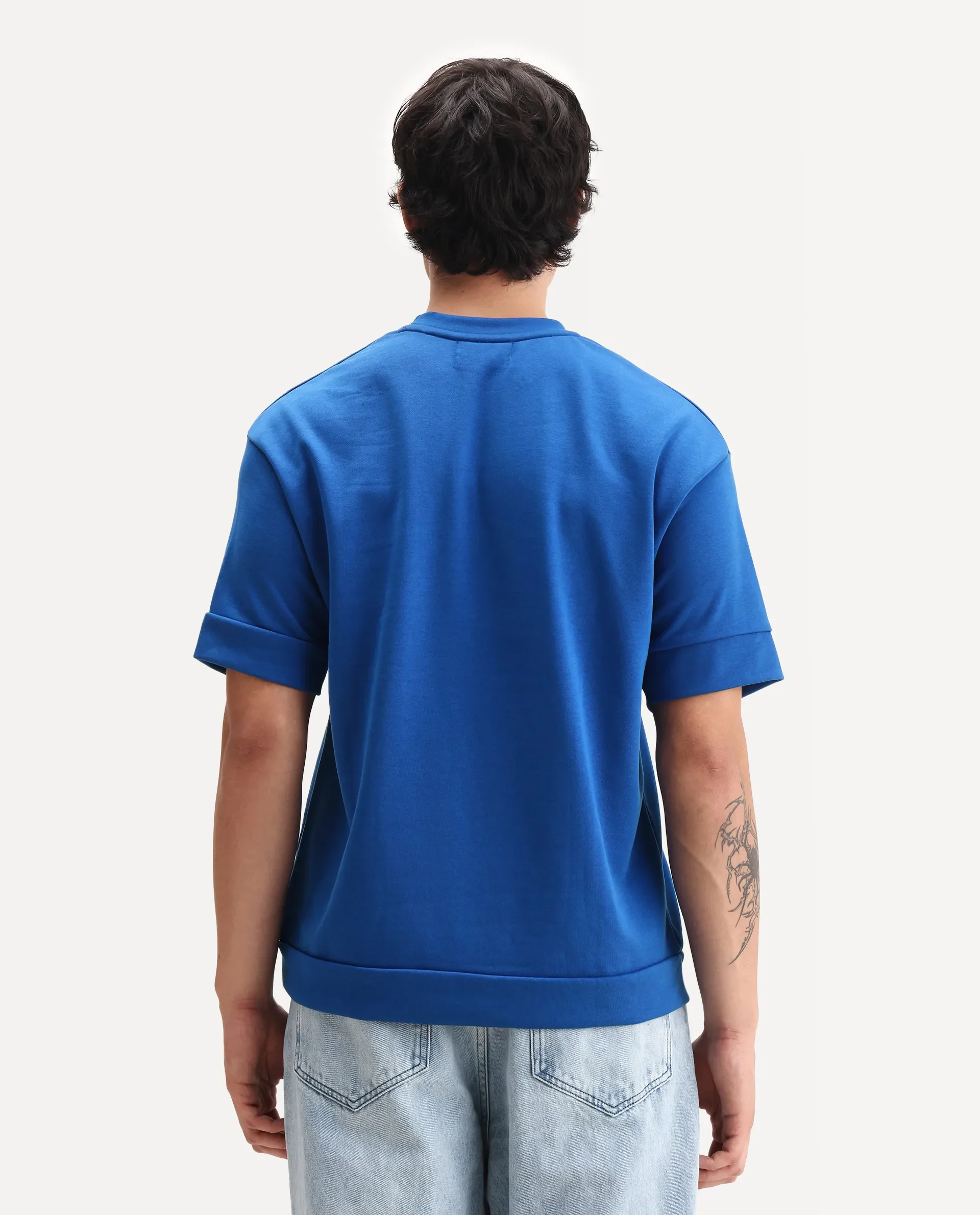 Rare Rabbit Men's Vexi Blue Cotton Blend Embroidered Oversized Fit Half Sleeve Crew Neck T-Shirt - Image 8