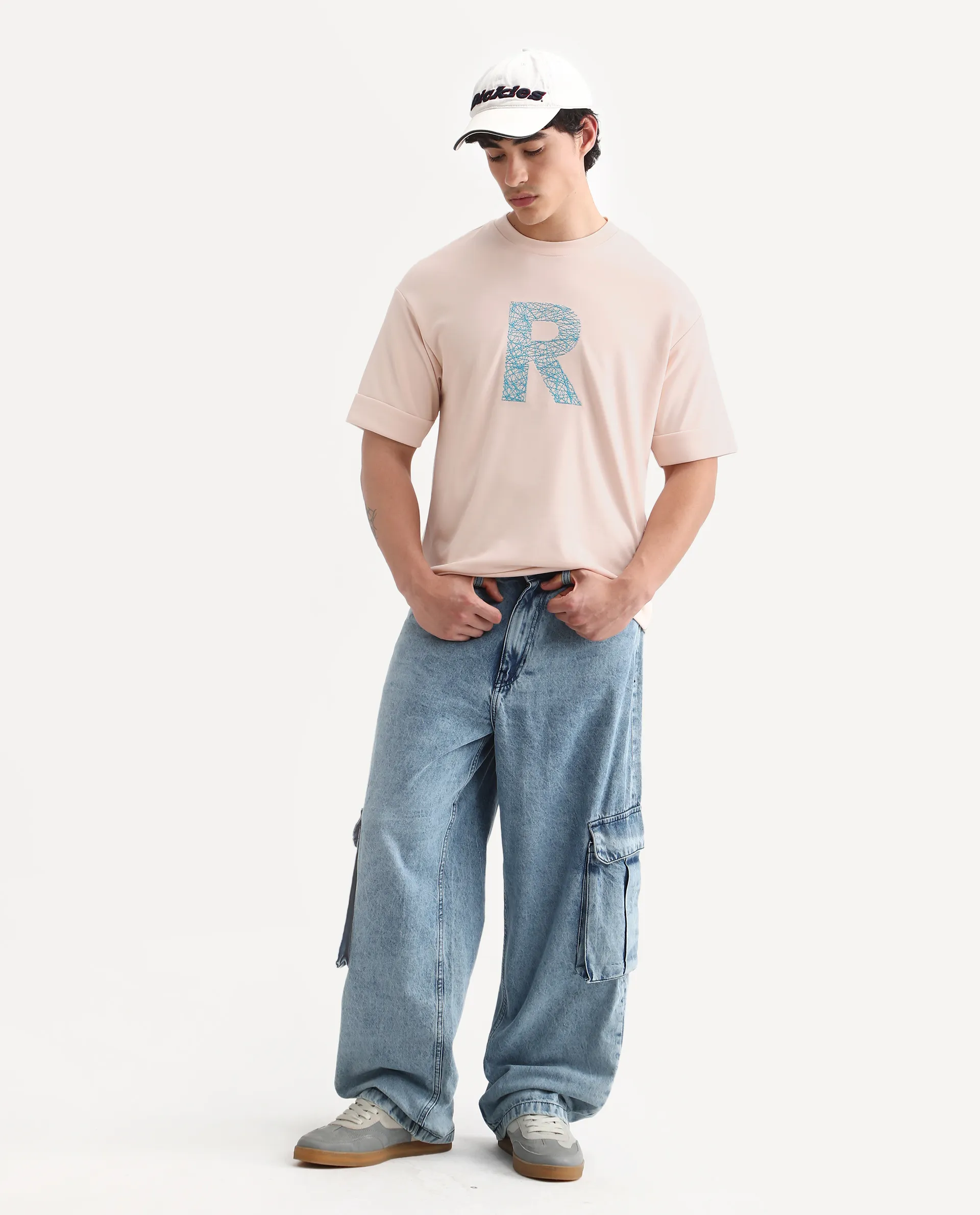 Rare Rabbit Men's Vexi Pastel Orange Cotton Blend Embroidered Oversized Fit Half Sleeve Crew Neck T-Shirt - Image 2