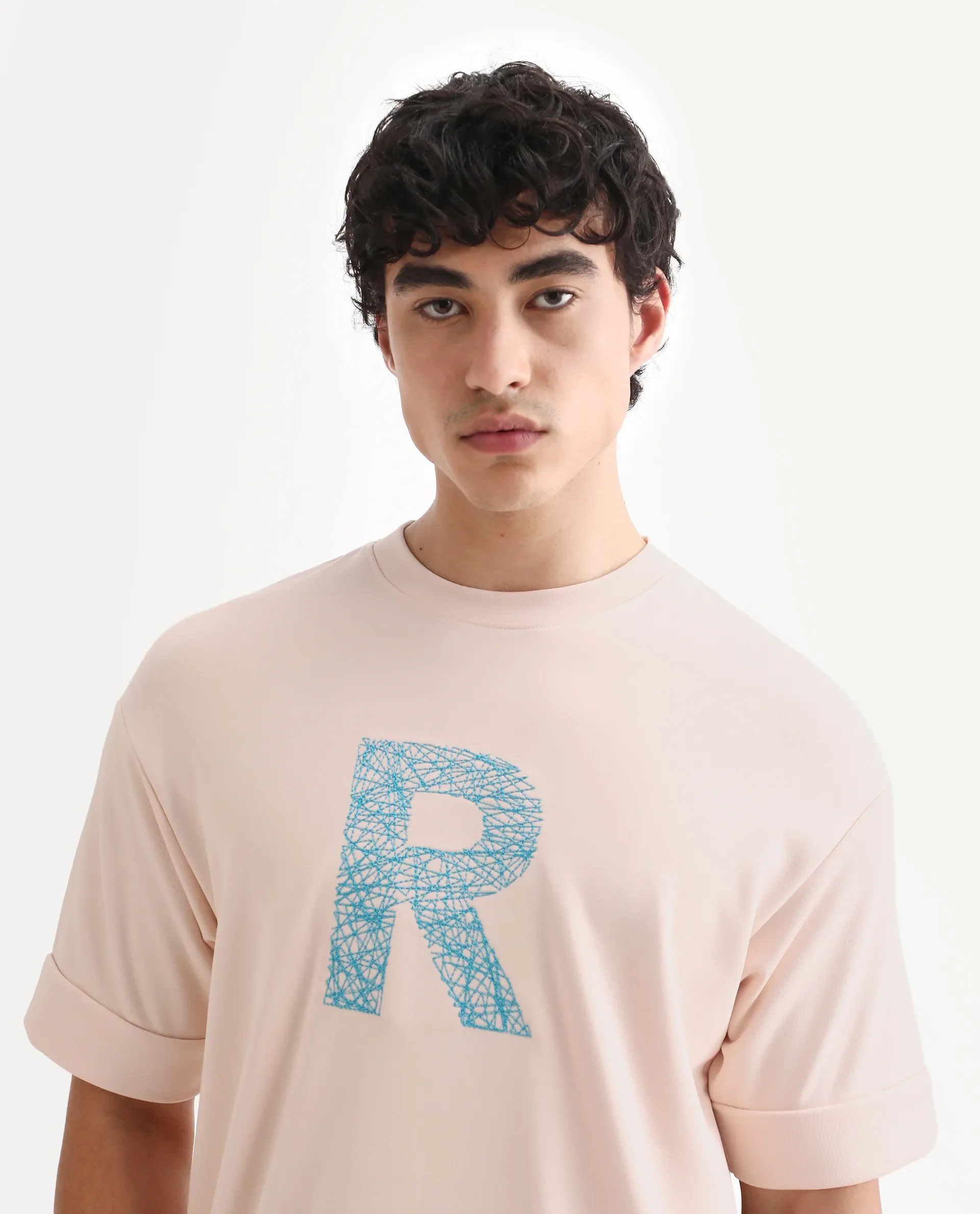 Rare Rabbit Men's Vexi Pastel Orange Cotton Blend Embroidered Oversized Fit Half Sleeve Crew Neck T-Shirt - Image 3