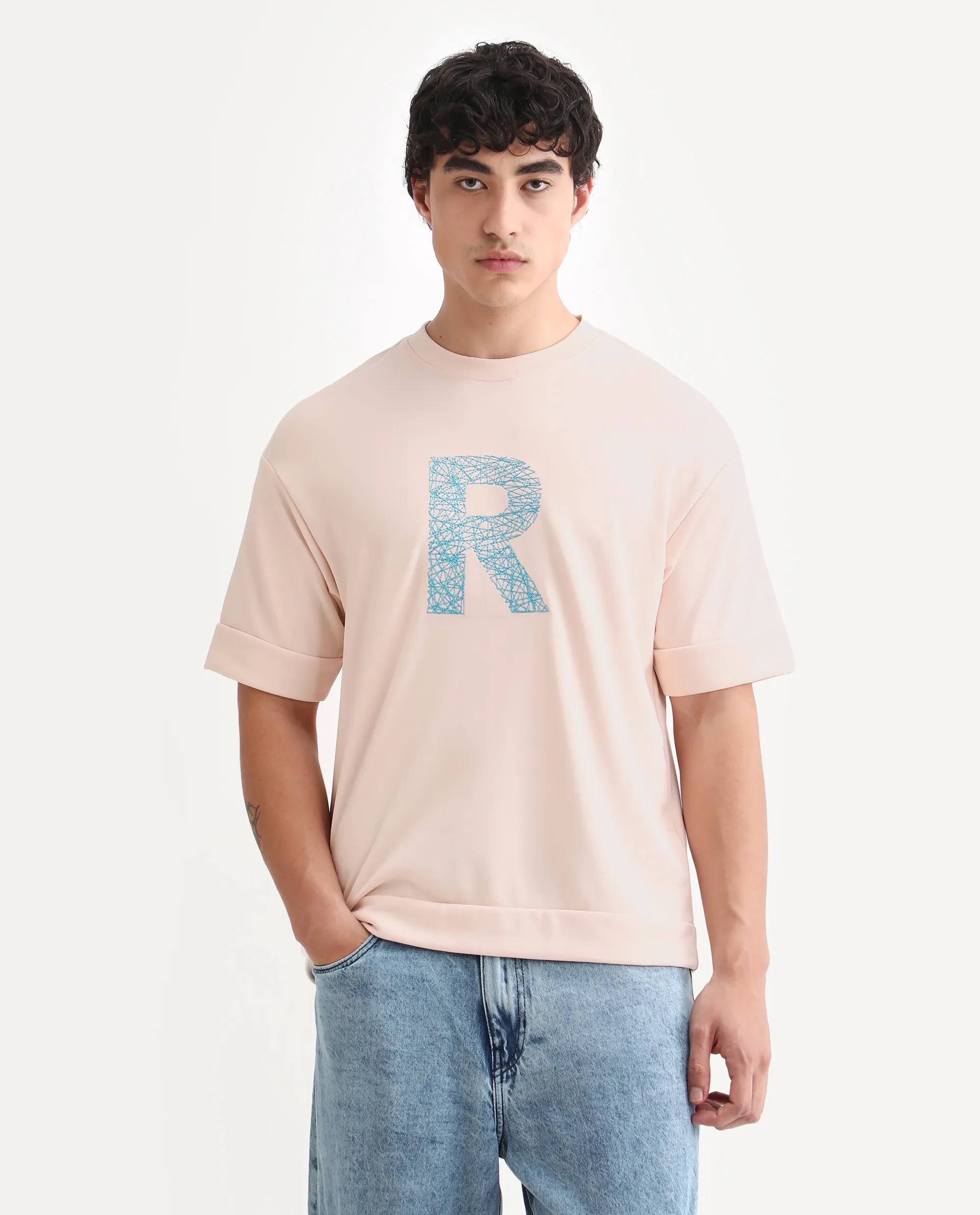 Rare Rabbit Men's Vexi Pastel Orange Cotton Blend Embroidered Oversized Fit Half Sleeve Crew Neck T-Shirt - Image 4