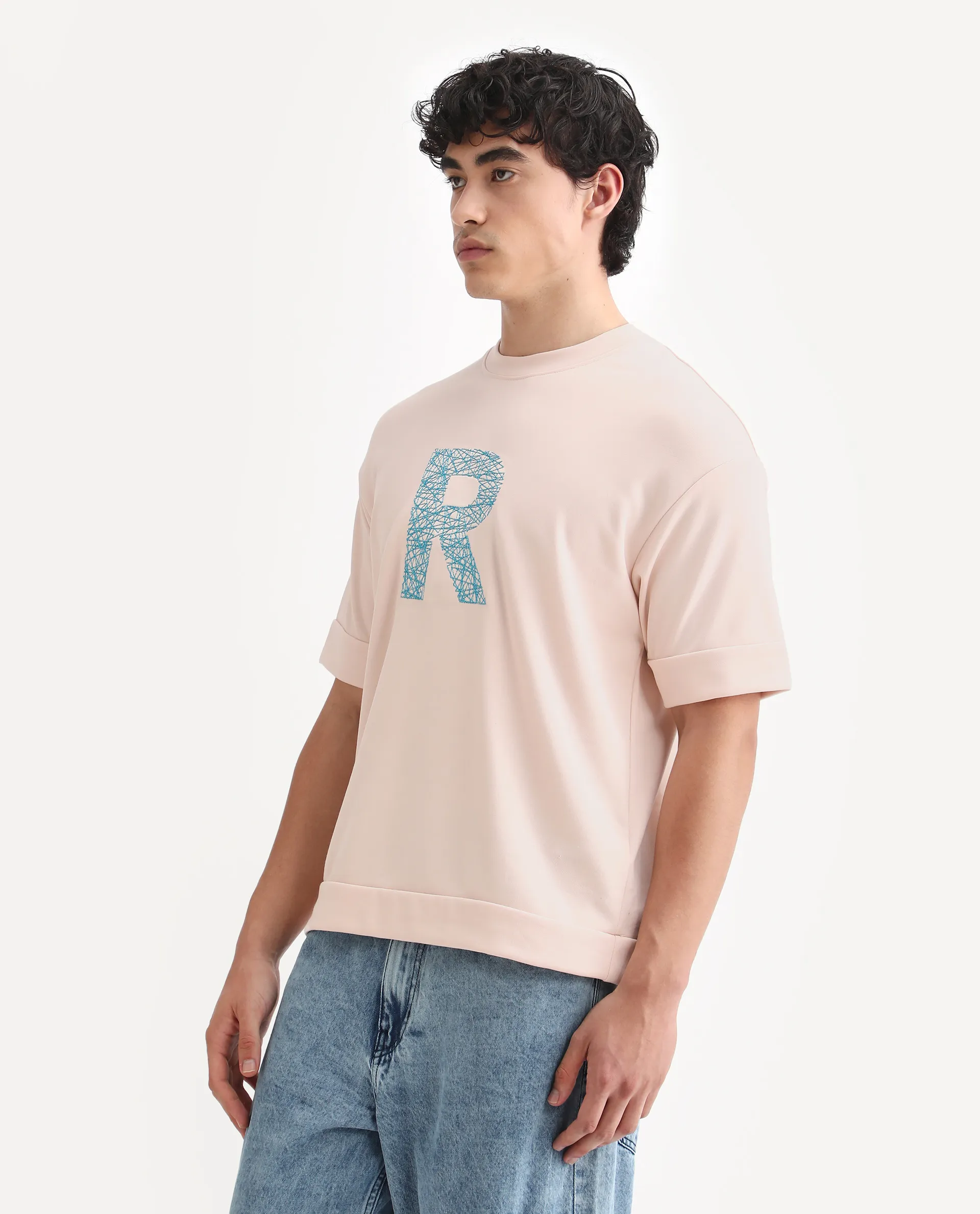 Rare Rabbit Men's Vexi Pastel Orange Cotton Blend Embroidered Oversized Fit Half Sleeve Crew Neck T-Shirt - Image 5