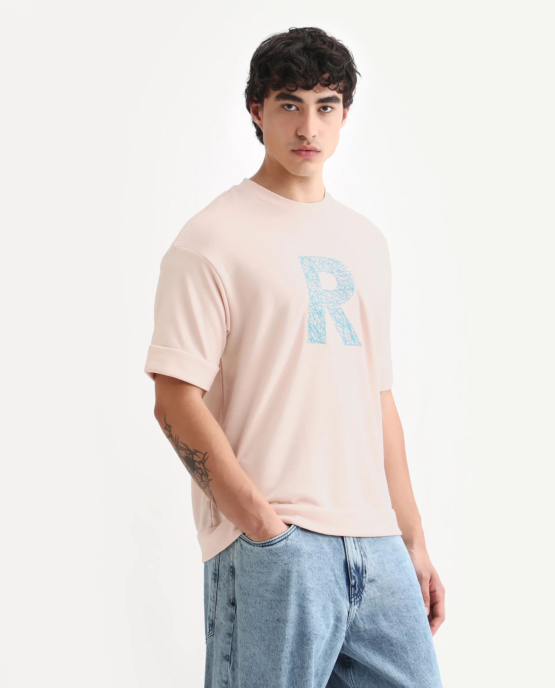 Rare Rabbit Men's Vexi Pastel Orange Cotton Blend Embroidered Oversized Fit Half Sleeve Crew Neck T-Shirt - Image 6
