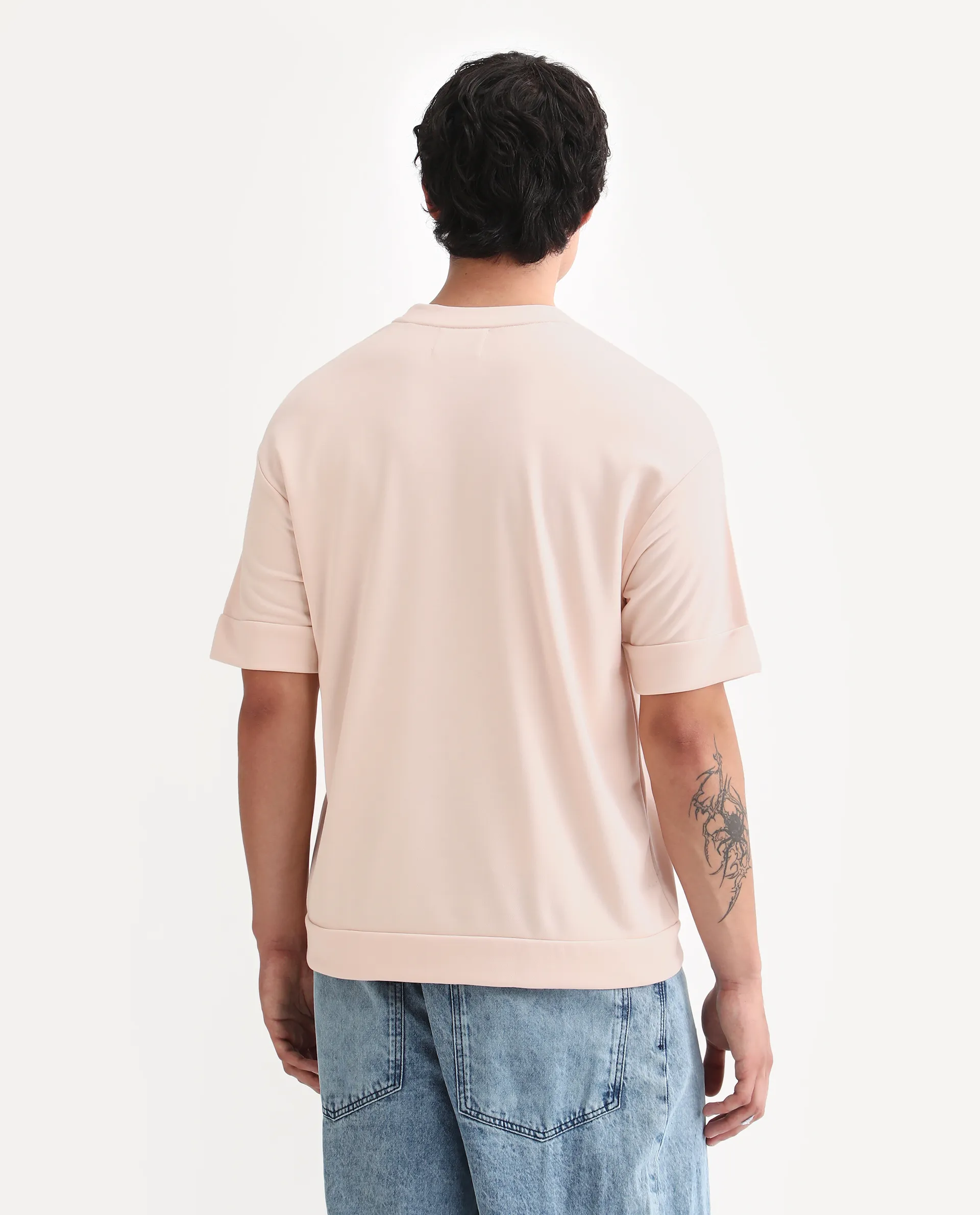 Rare Rabbit Men's Vexi Pastel Orange Cotton Blend Embroidered Oversized Fit Half Sleeve Crew Neck T-Shirt - Image 7
