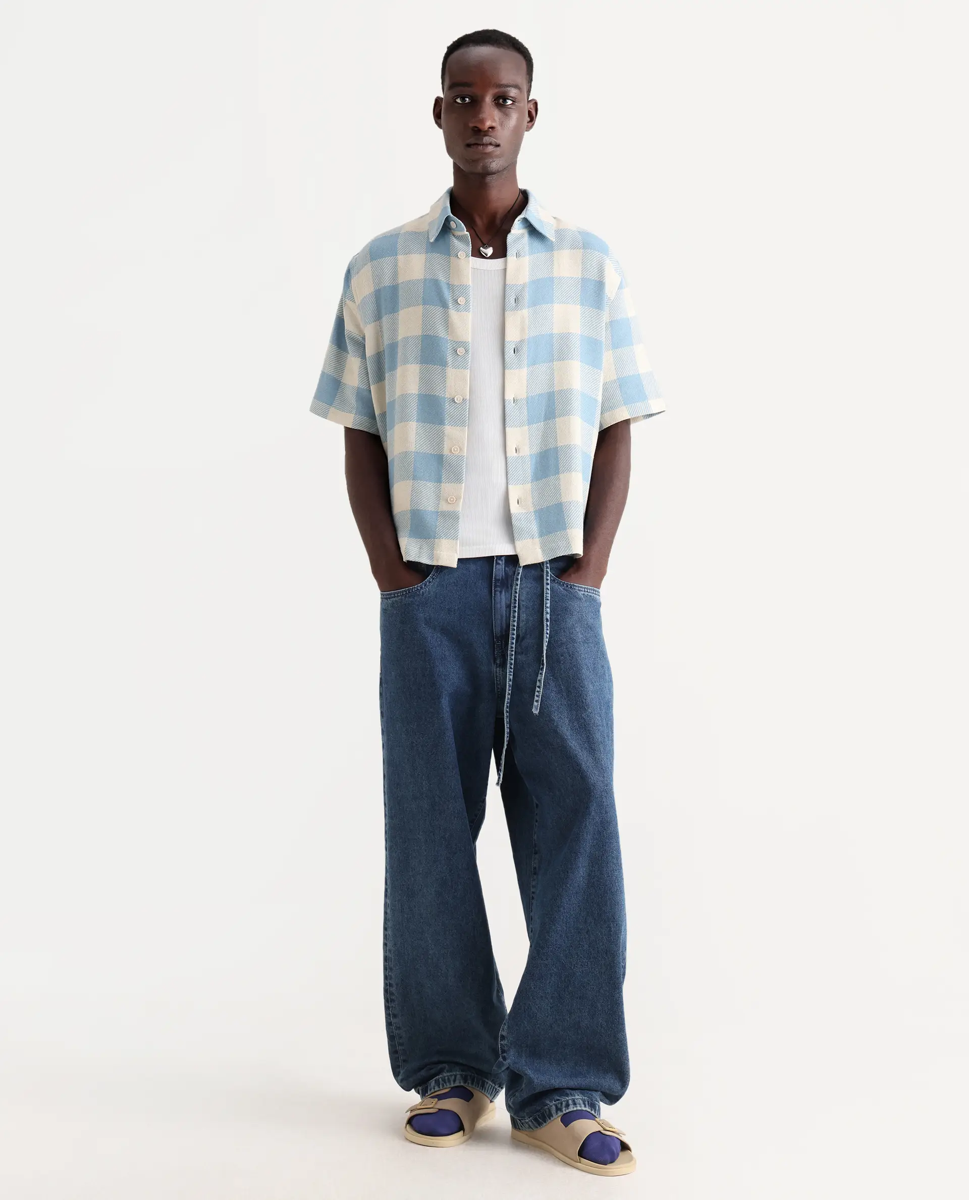 Rare Rabbit Men's Vexlum Light Blue Cotton Checked Print Boxy Fit Half Sleeve Collared Shirt - Image 2