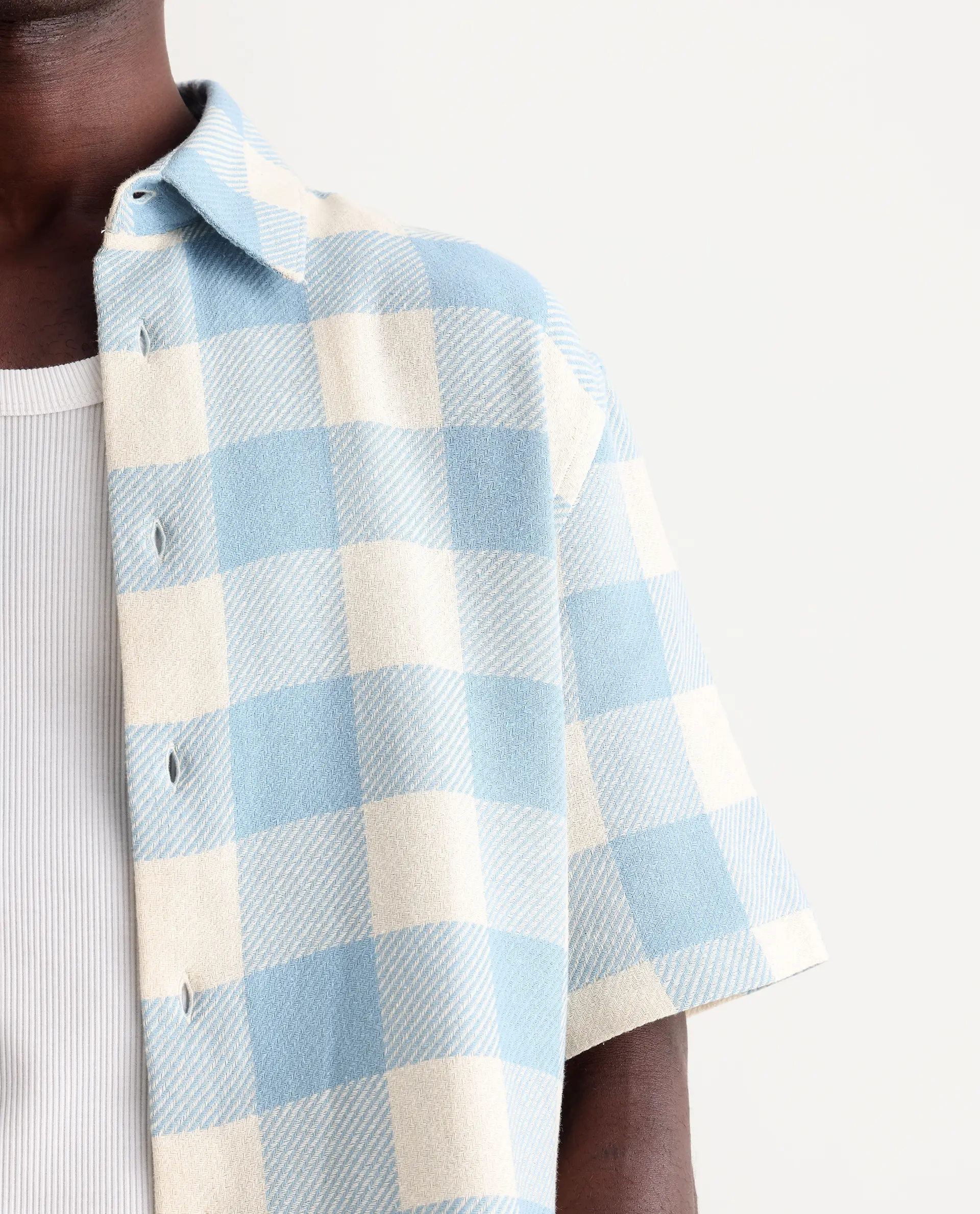 Rare Rabbit Men's Vexlum Light Blue Cotton Checked Print Boxy Fit Half Sleeve Collared Shirt - Image 3