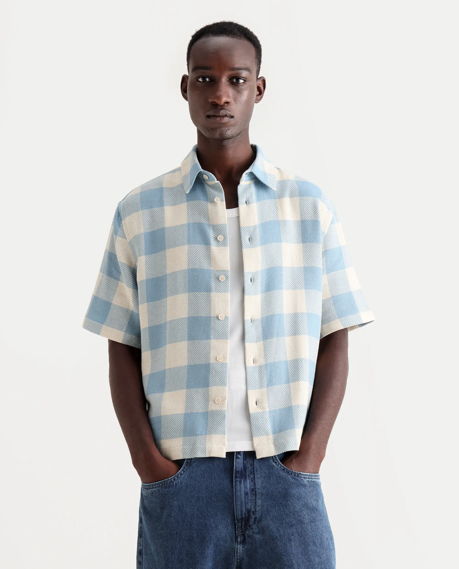 Rare Rabbit Men's Vexlum Light Blue Cotton Checked Print Boxy Fit Half Sleeve Collared Shirt - Image 4