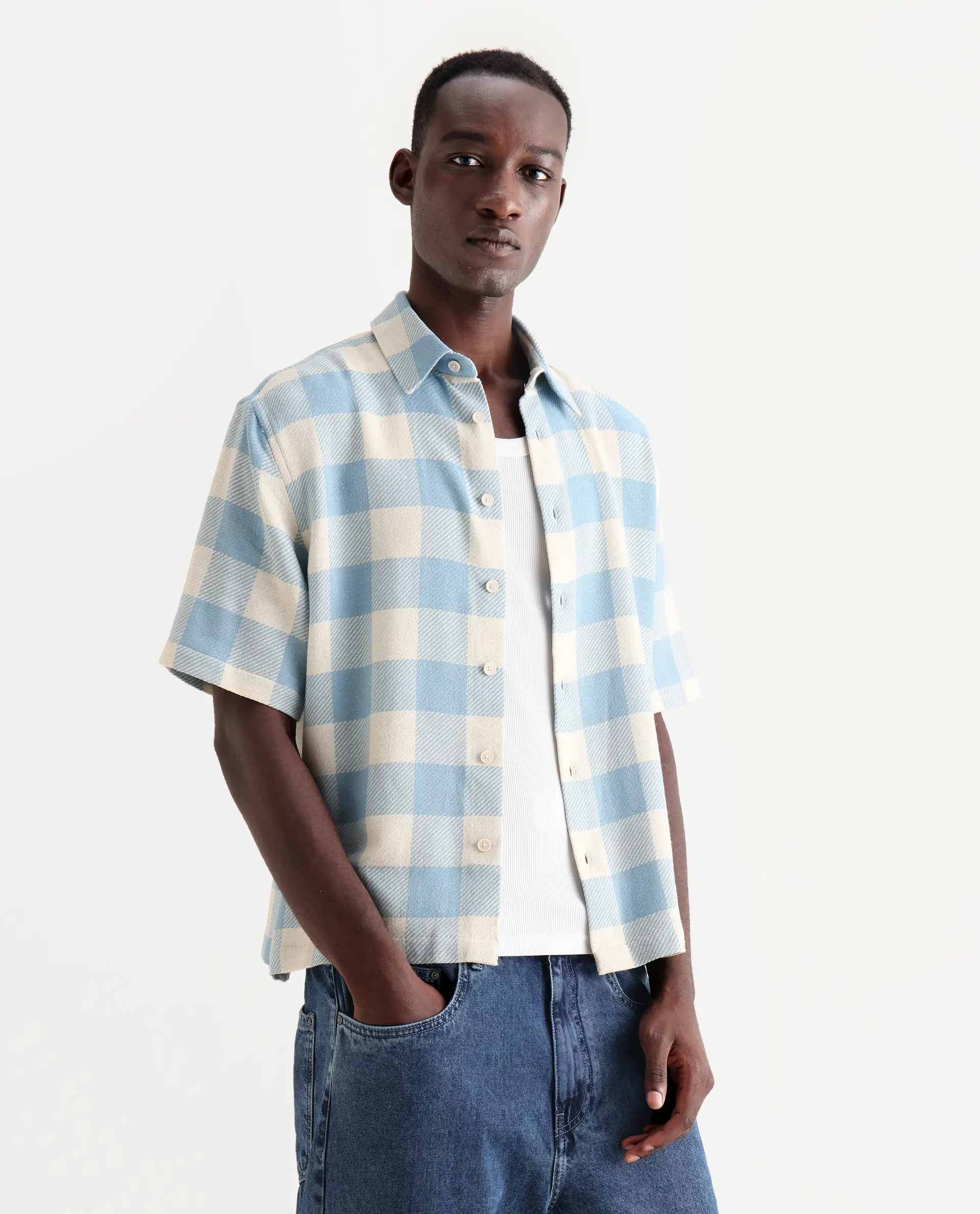 Rare Rabbit Men's Vexlum Light Blue Cotton Checked Print Boxy Fit Half Sleeve Collared Shirt - Image 5