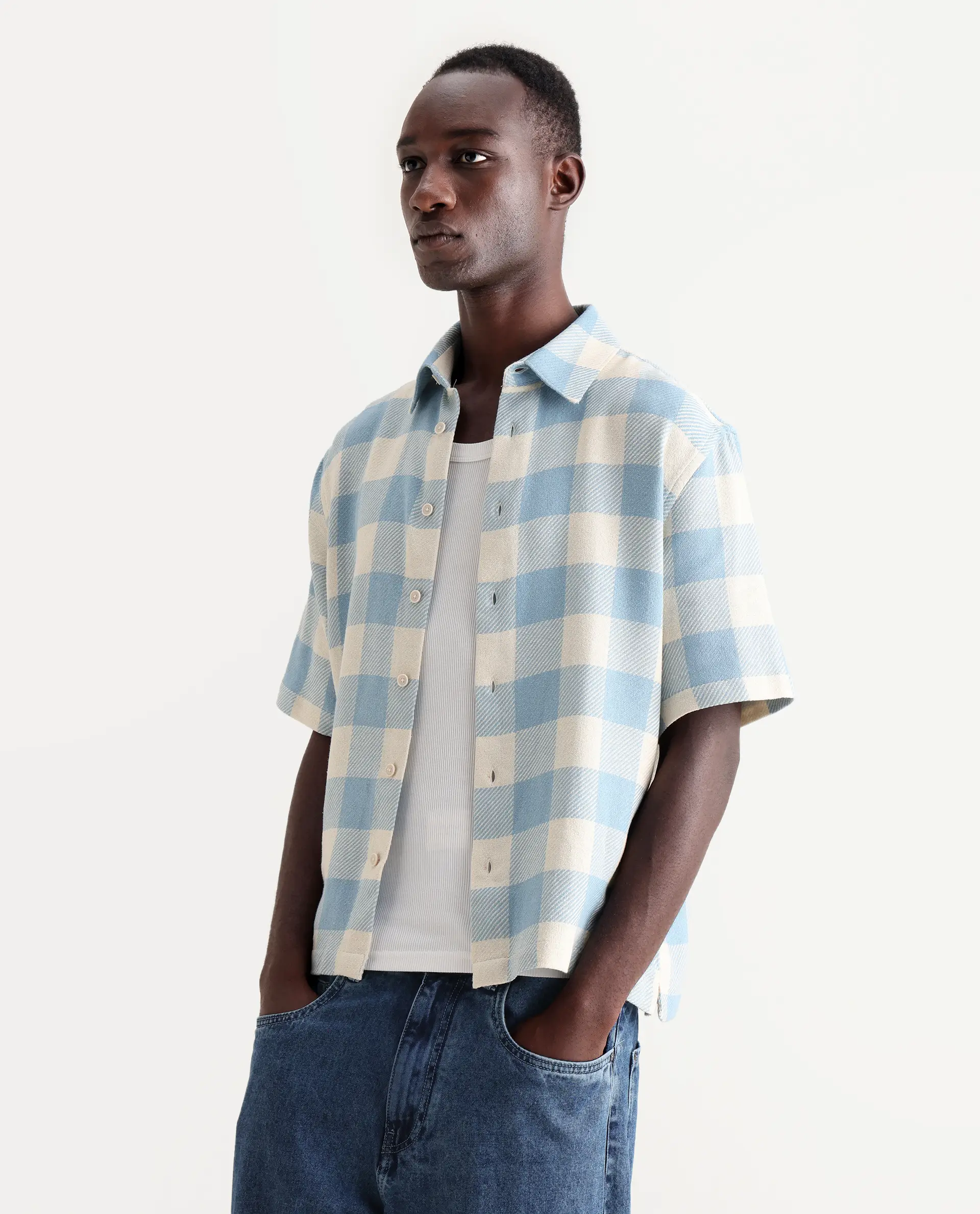 Rare Rabbit Men's Vexlum Light Blue Cotton Checked Print Boxy Fit Half Sleeve Collared Shirt - Image 6