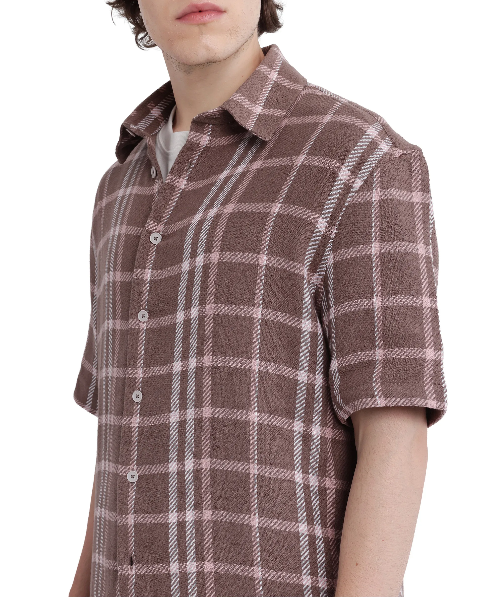 Rare Rabbit Men's Vexlum Light Brown Cotton Checked Print Regular Fit Half Sleeve Collared Shirt - Image 2