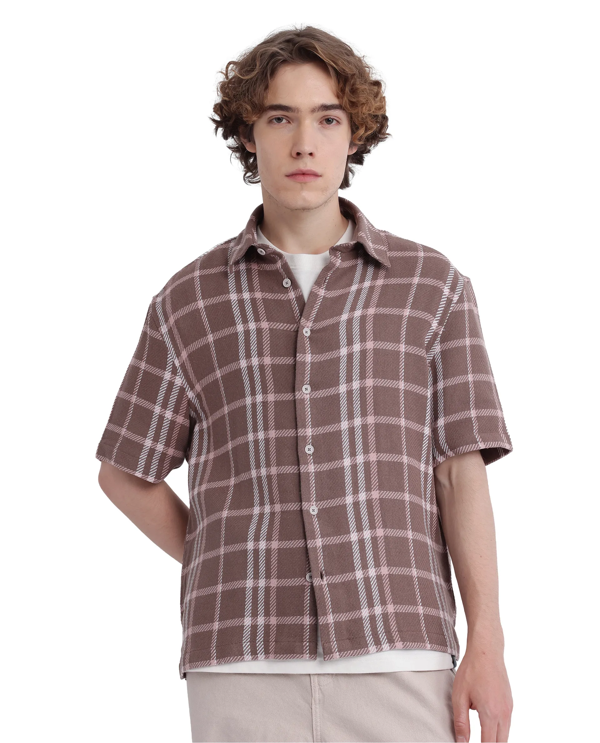 Rare Rabbit Men's Vexlum Light Brown Cotton Checked Print Regular Fit Half Sleeve Collared Shirt - Image 4