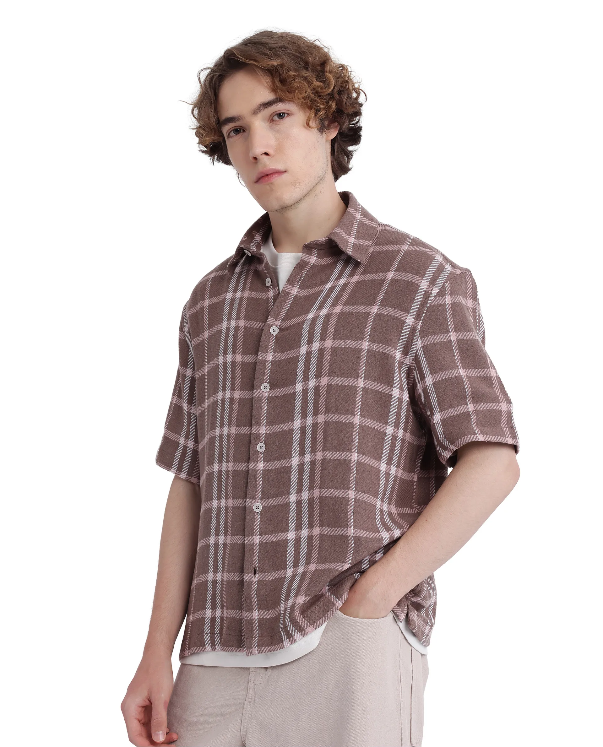 Rare Rabbit Men's Vexlum Light Brown Cotton Checked Print Regular Fit Half Sleeve Collared Shirt - Image 5