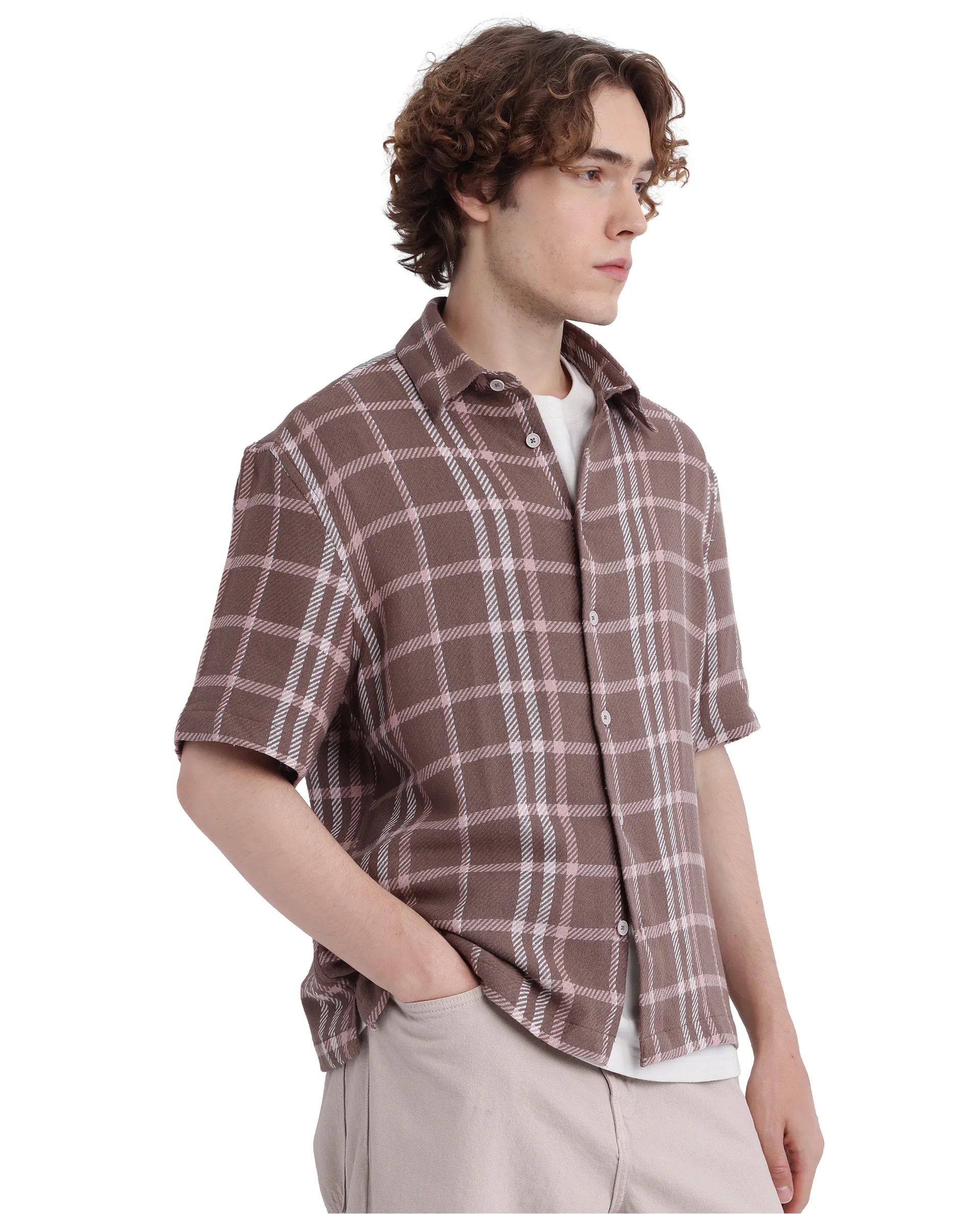 Rare Rabbit Men's Vexlum Light Brown Cotton Checked Print Regular Fit Half Sleeve Collared Shirt - Image 6