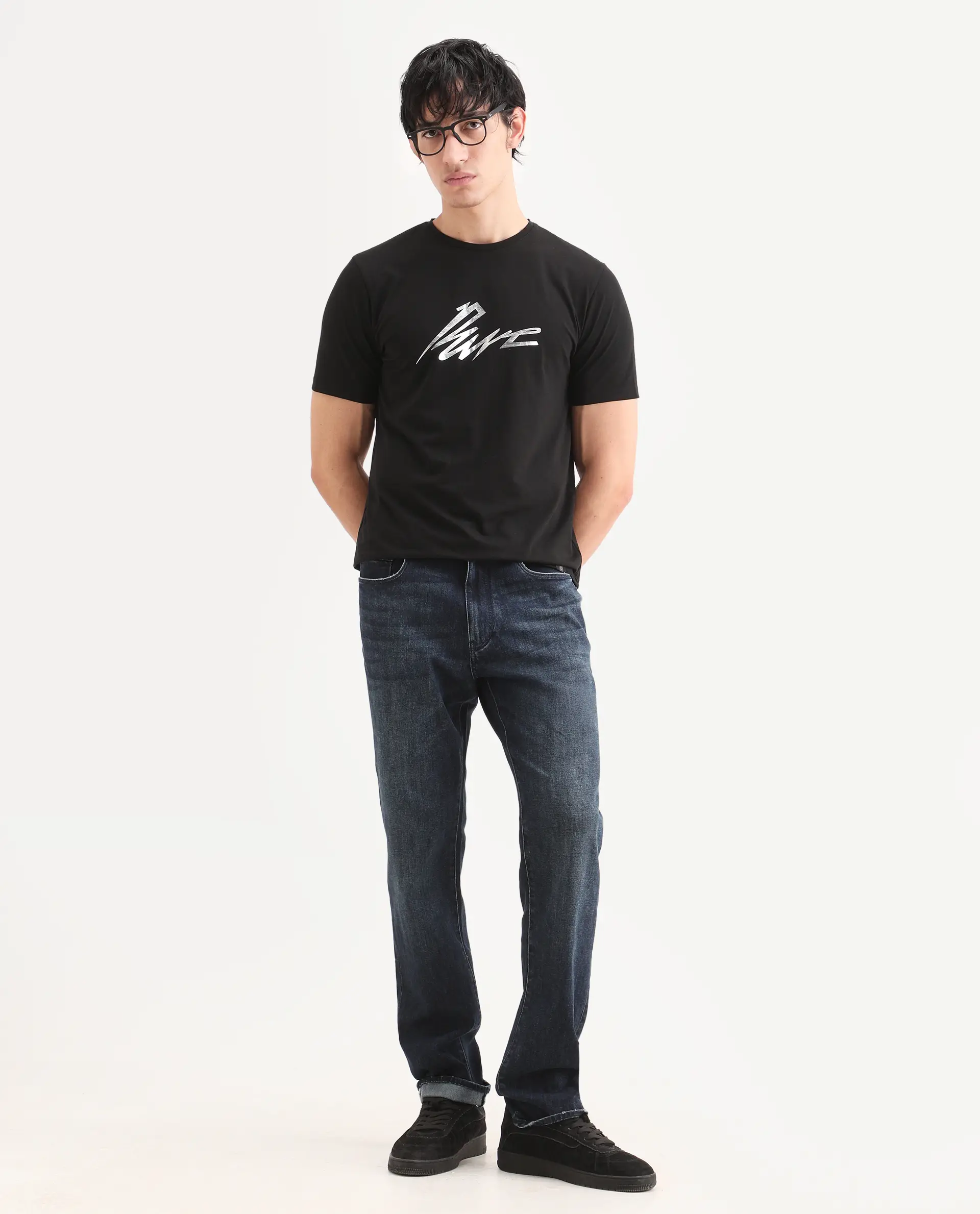 Rare Rabbit Men's Via Black Cotton Blend Fabric Half Sleeve Crew Neck Regular Fit Graphic Print T-Shirt - Image 2