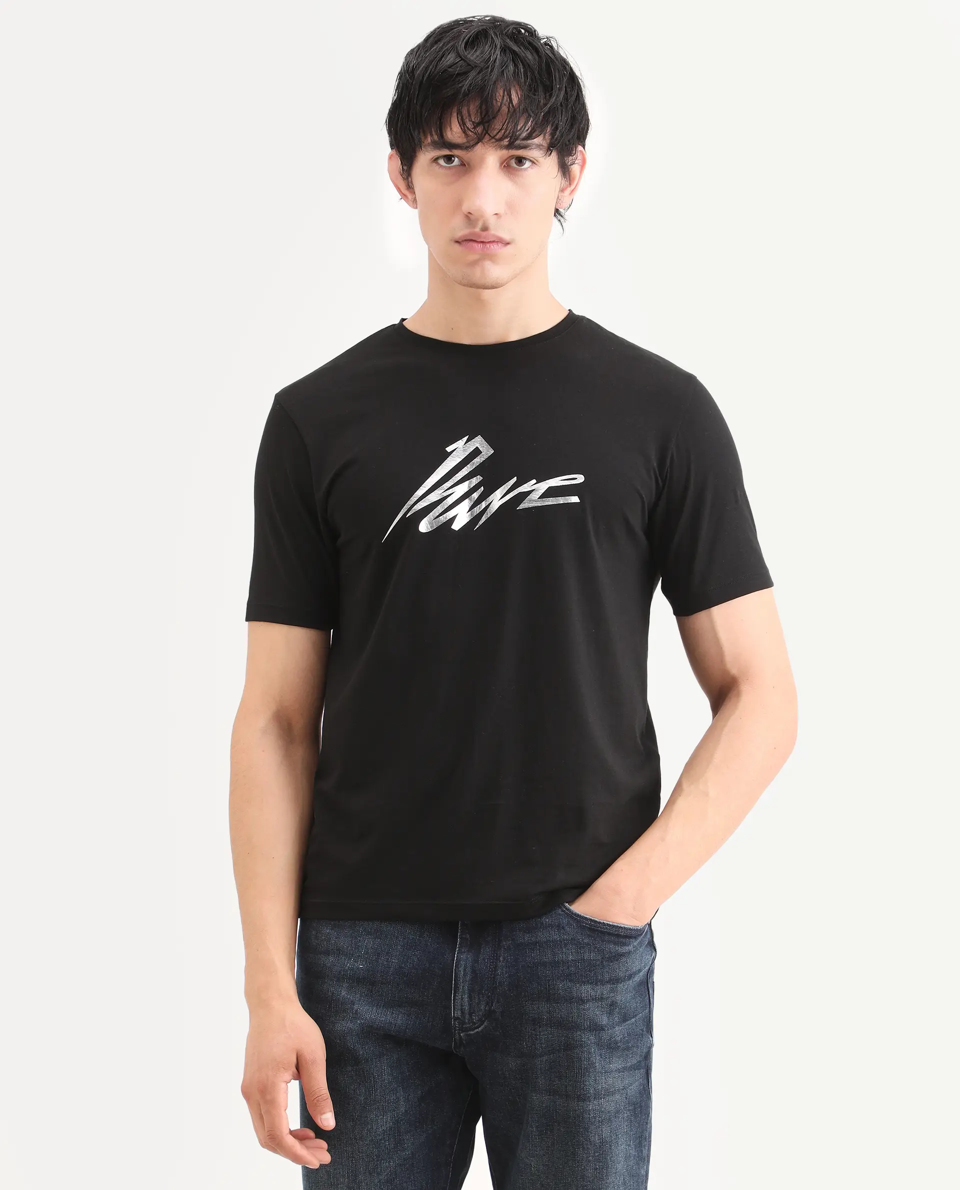 Rare Rabbit Men's Via Black Cotton Blend Fabric Half Sleeve Crew Neck Regular Fit Graphic Print T-Shirt - Image 4