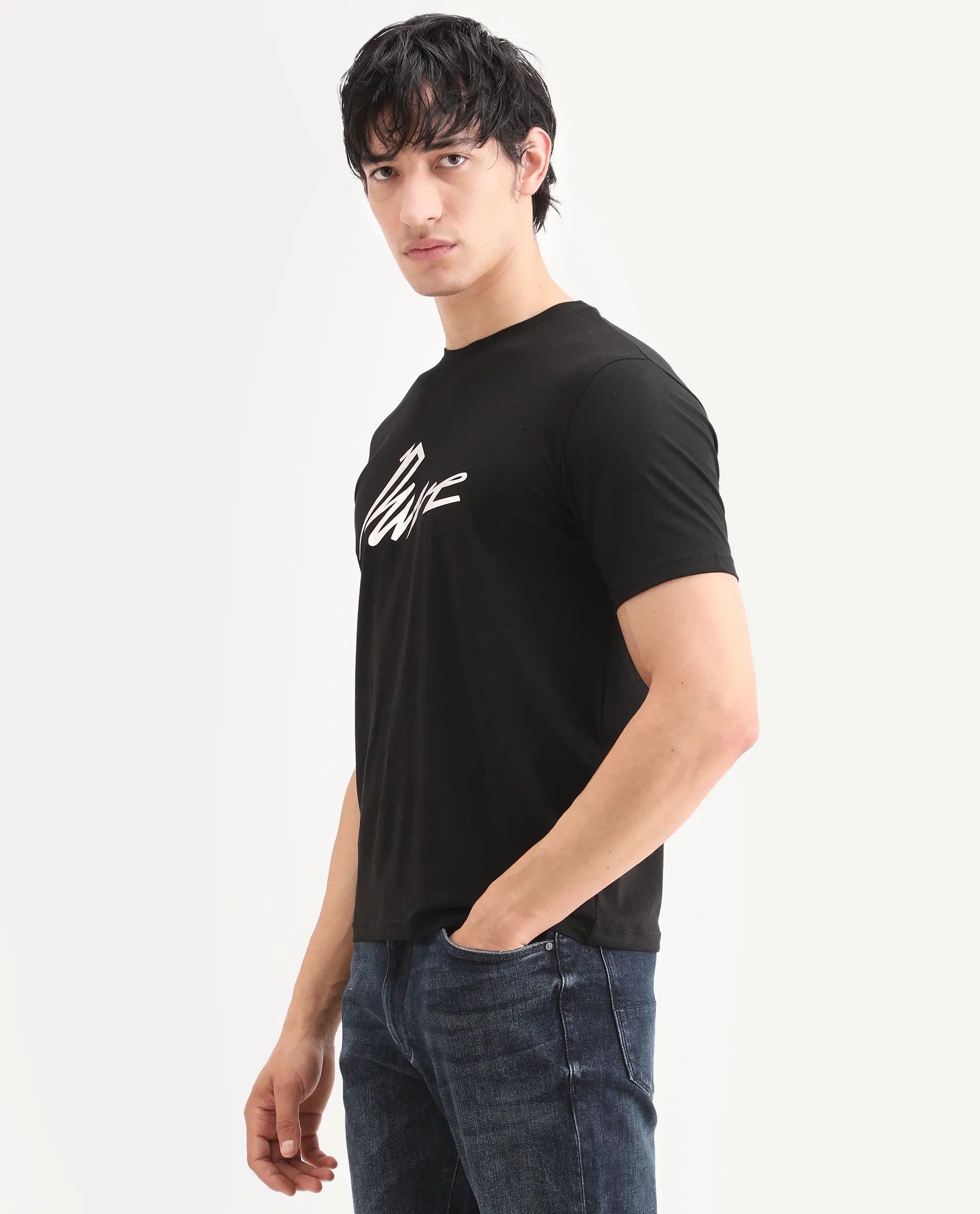 Rare Rabbit Men's Via Black Cotton Blend Fabric Half Sleeve Crew Neck Regular Fit Graphic Print T-Shirt - Image 5