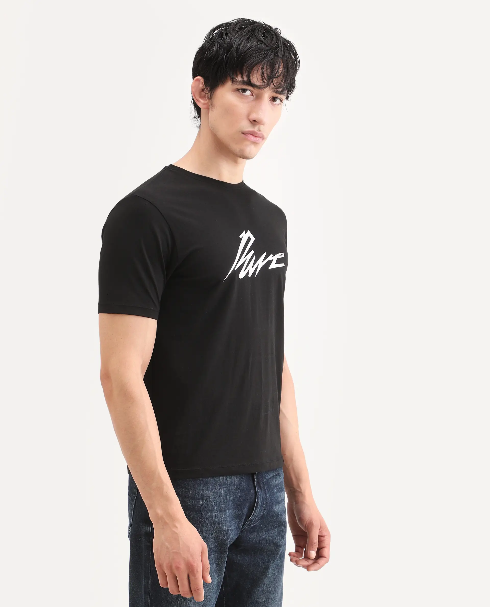 Rare Rabbit Men's Via Black Cotton Blend Fabric Half Sleeve Crew Neck Regular Fit Graphic Print T-Shirt - Image 6