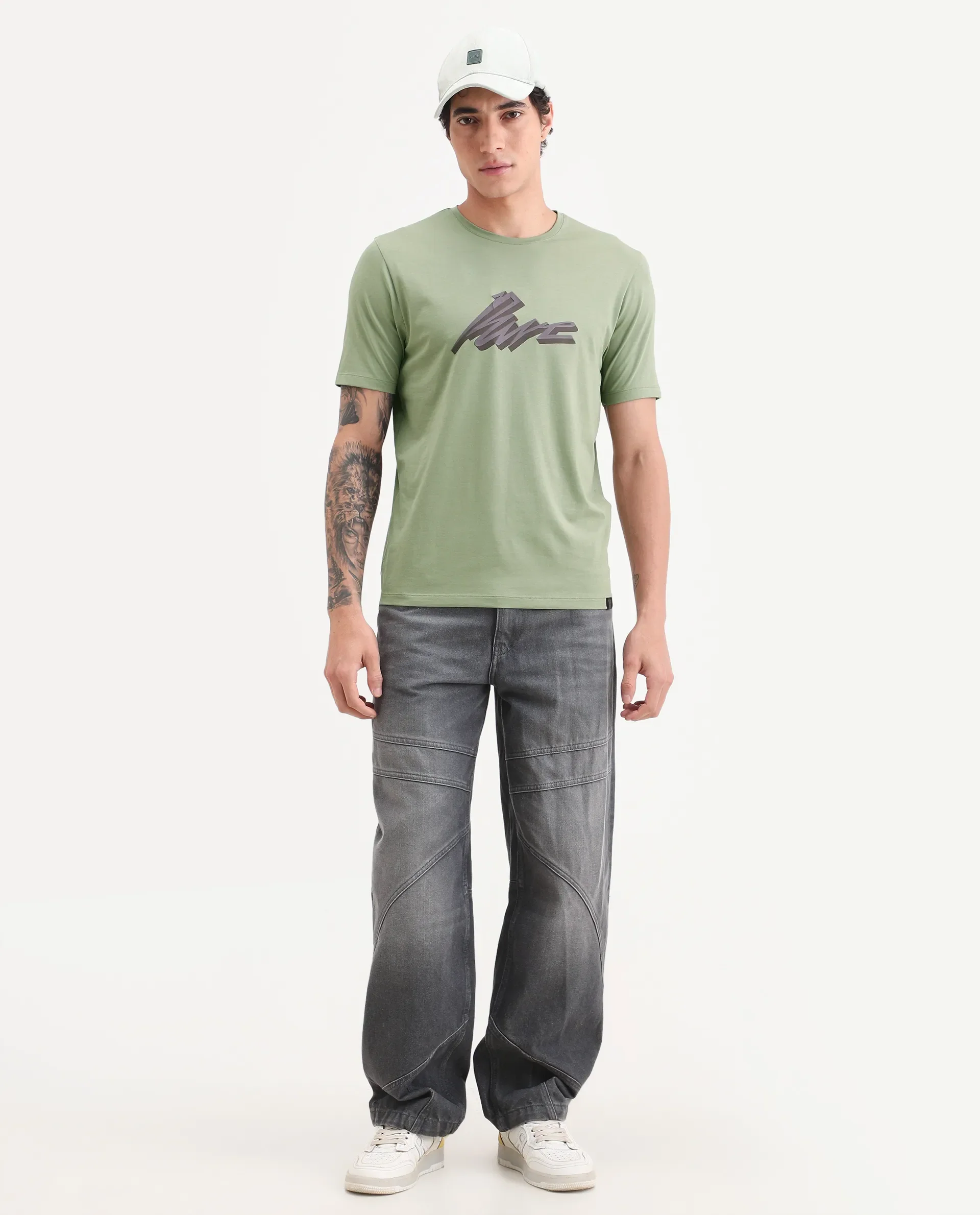 Rare Rabbit Men's Via Dusky Olive Cotton Blend Fabric Half Sleeve Crew Neck Regular Fit Graphic Print T-Shirt - Image 2