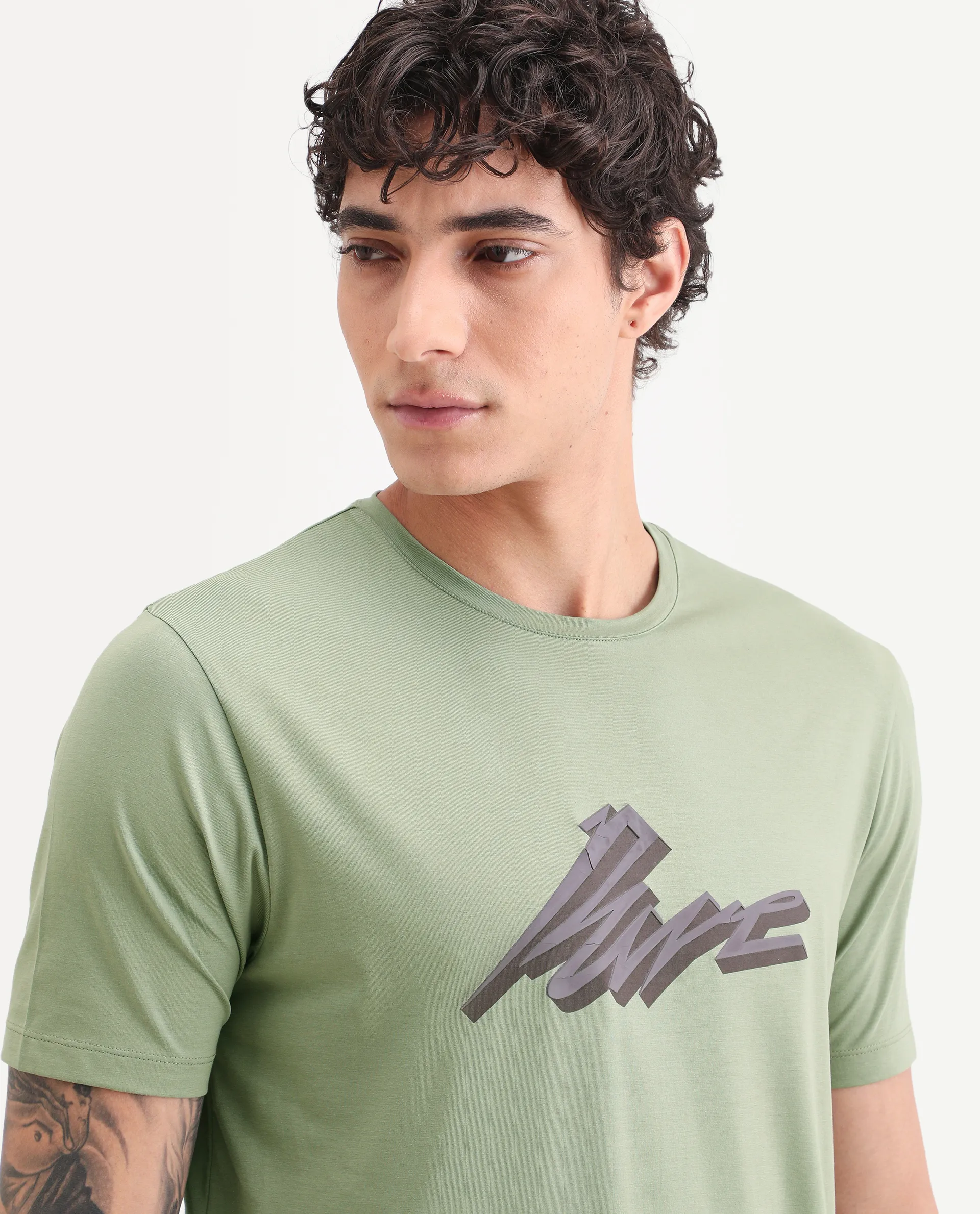 Rare Rabbit Men's Via Dusky Olive Cotton Blend Fabric Half Sleeve Crew Neck Regular Fit Graphic Print T-Shirt - Image 3