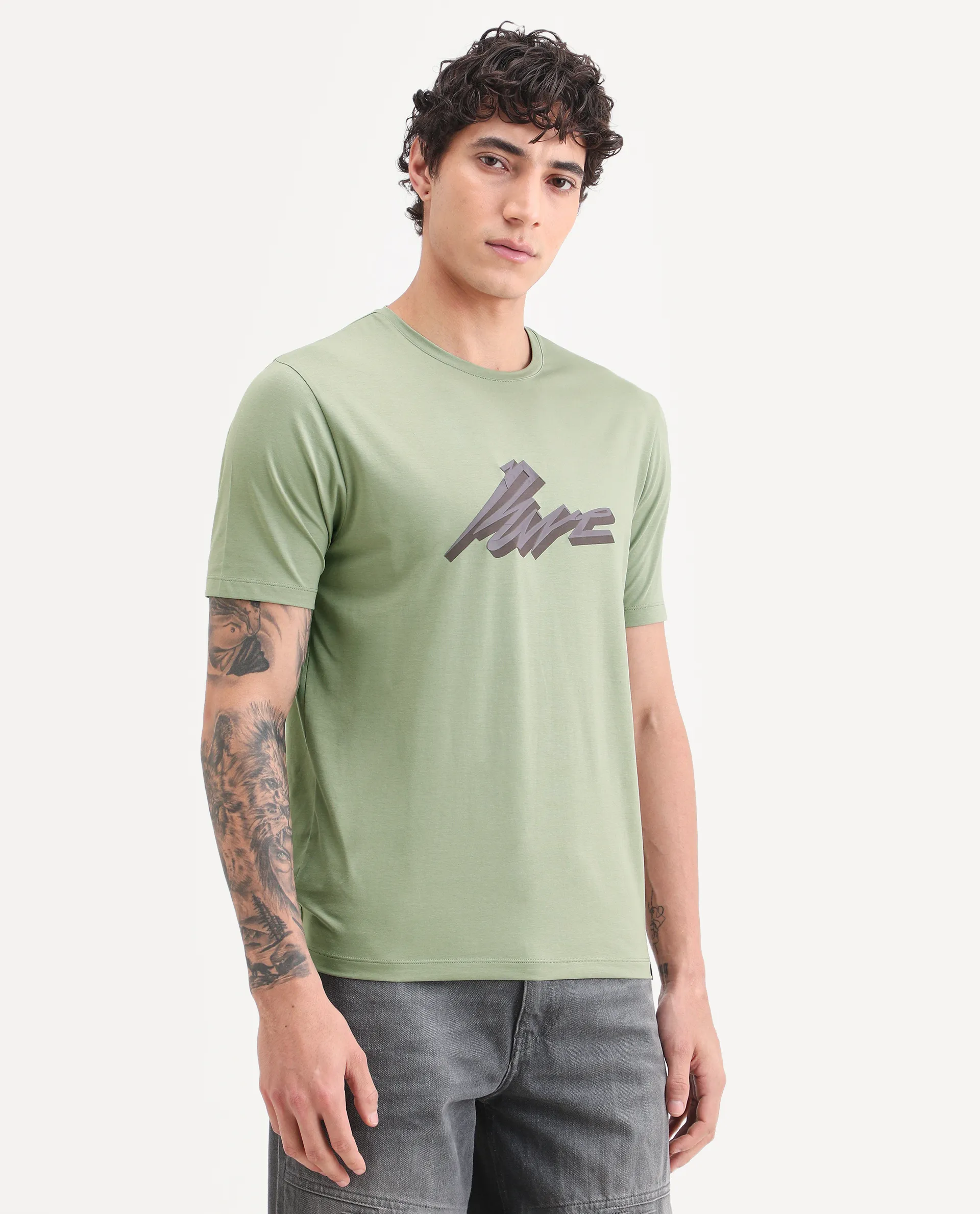Rare Rabbit Men's Via Dusky Olive Cotton Blend Fabric Half Sleeve Crew Neck Regular Fit Graphic Print T-Shirt - Image 4