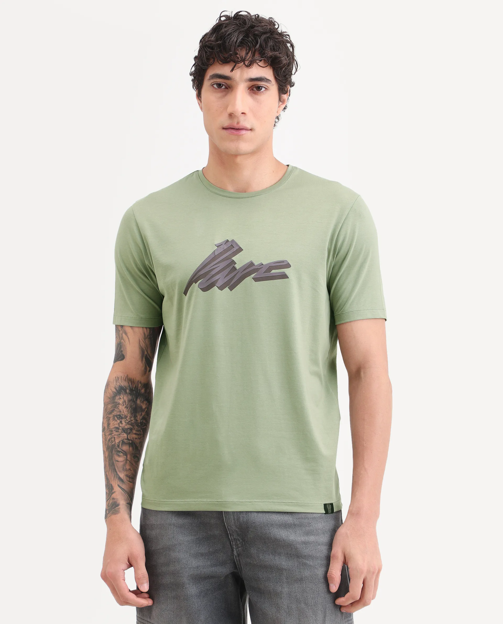 Rare Rabbit Men's Via Dusky Olive Cotton Blend Fabric Half Sleeve Crew Neck Regular Fit Graphic Print T-Shirt - Image 5