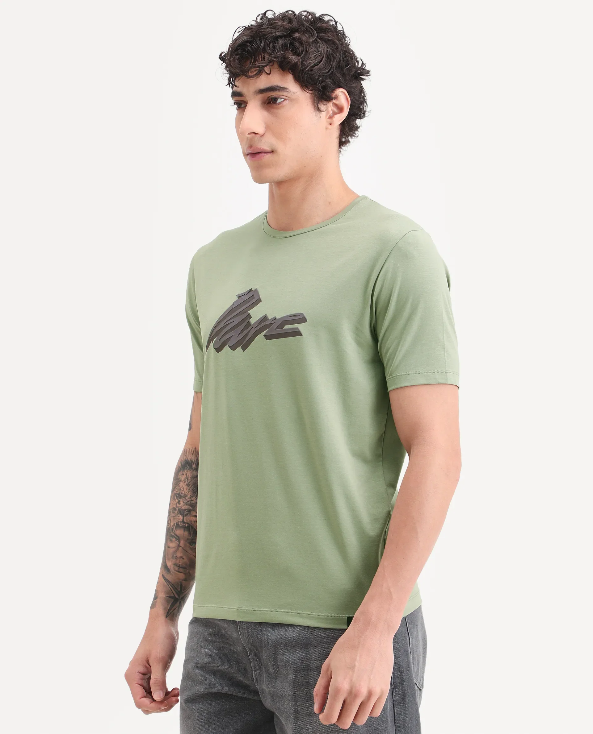 Rare Rabbit Men's Via Dusky Olive Cotton Blend Fabric Half Sleeve Crew Neck Regular Fit Graphic Print T-Shirt - Image 6