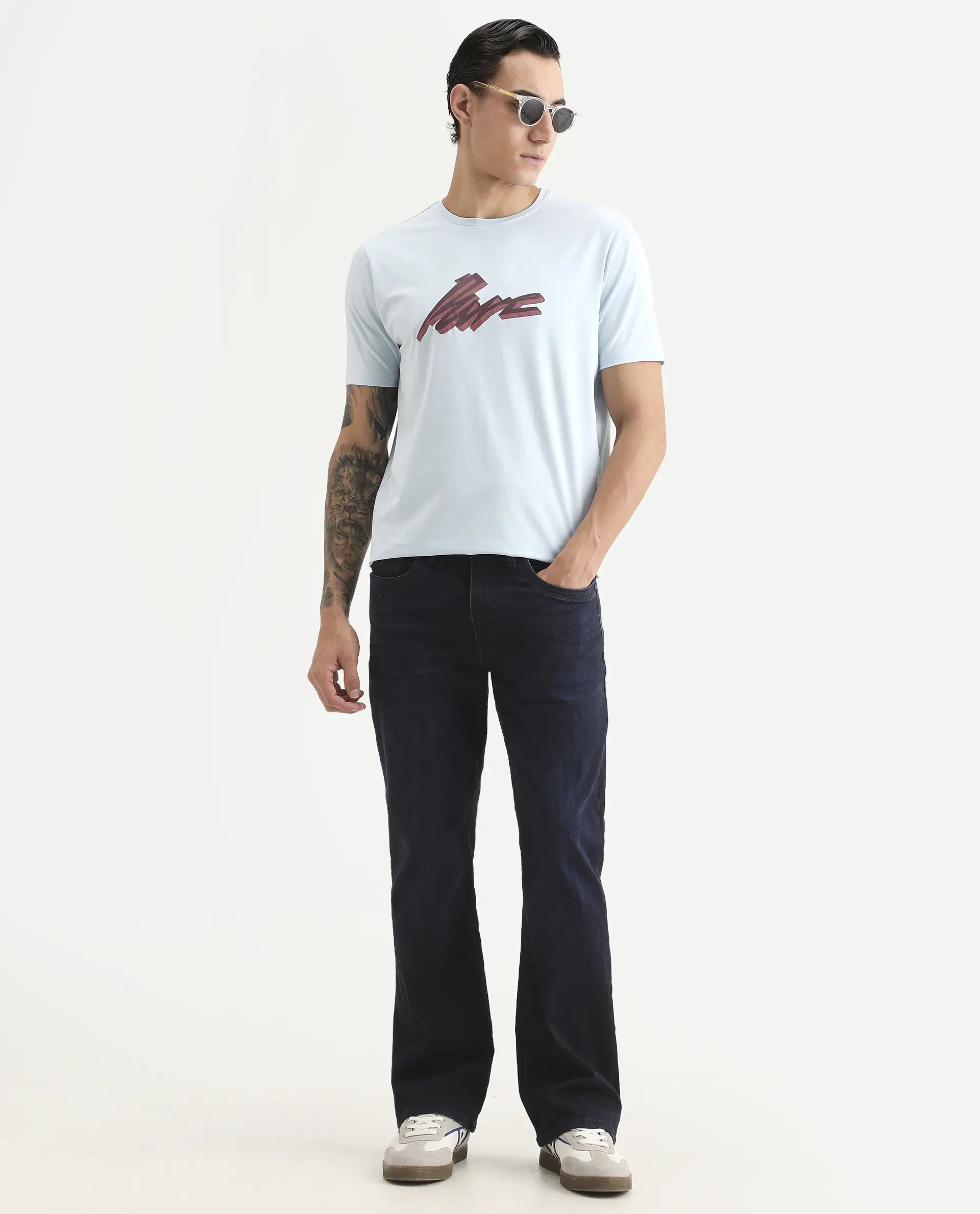 Rare Rabbit Men's Via Light Blue Cotton Blend Fabric Half Sleeve Crew Neck Regular Fit Graphic Print T-Shirt - Image 2