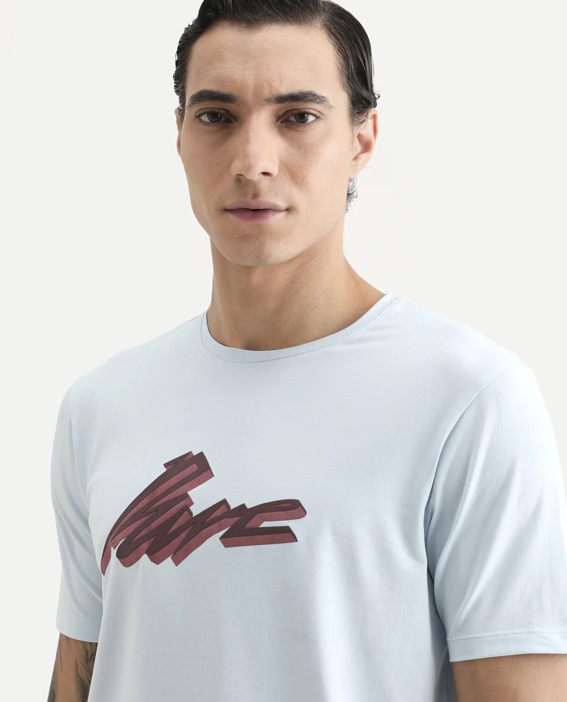 Rare Rabbit Men's Via Light Blue Cotton Blend Fabric Half Sleeve Crew Neck Regular Fit Graphic Print T-Shirt - Image 3
