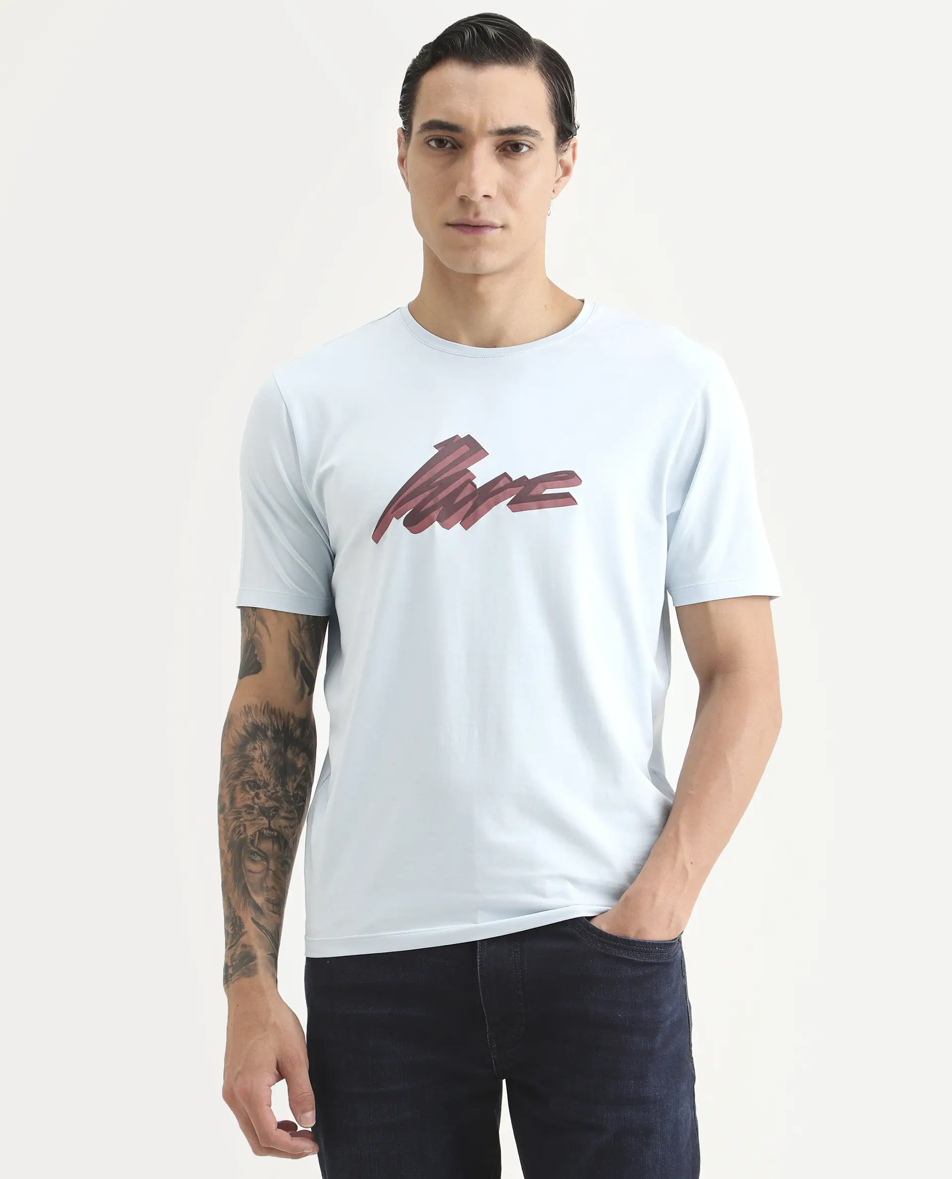 Rare Rabbit Men's Via Light Blue Cotton Blend Fabric Half Sleeve Crew Neck Regular Fit Graphic Print T-Shirt - Image 4