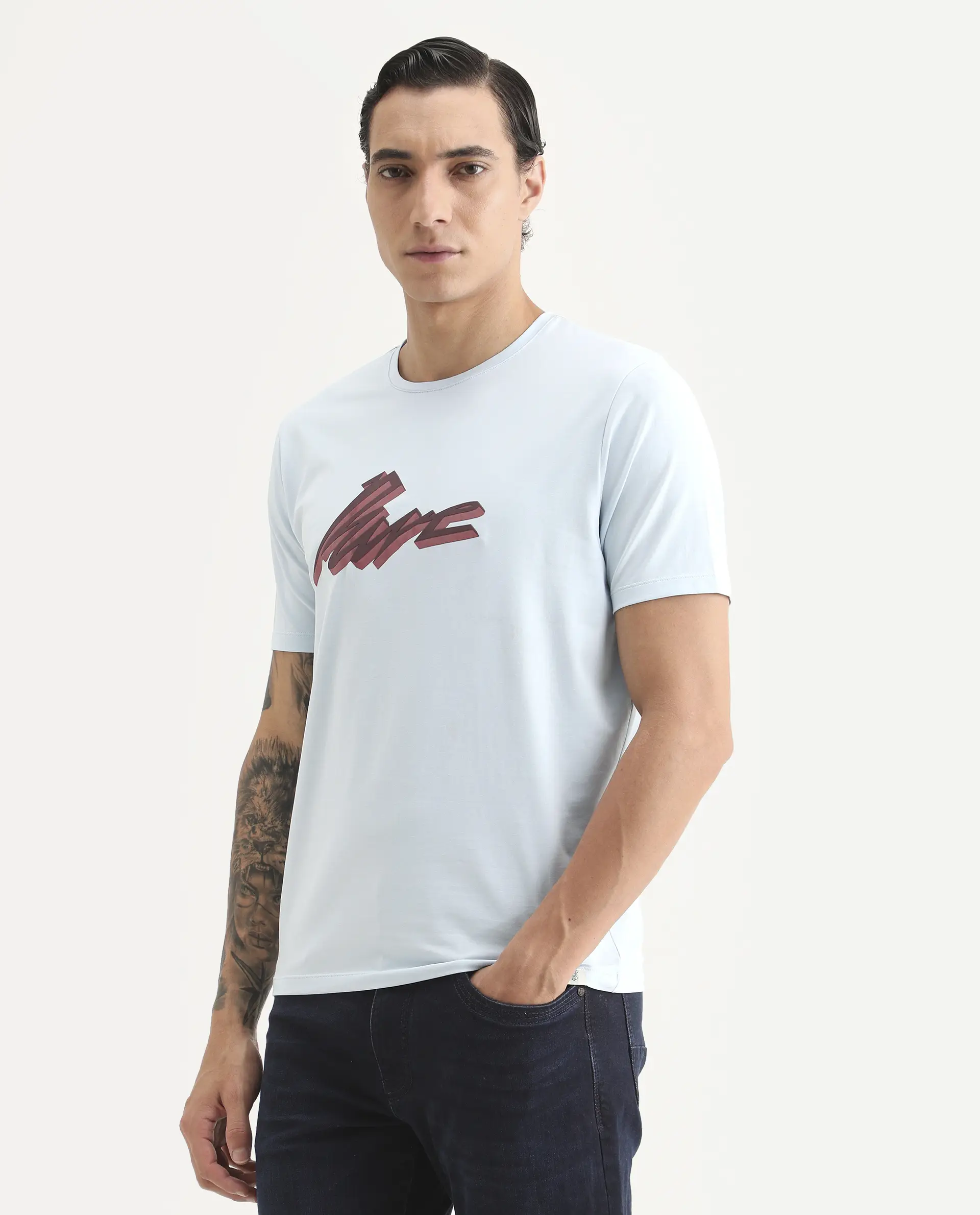 Rare Rabbit Men's Via Light Blue Cotton Blend Fabric Half Sleeve Crew Neck Regular Fit Graphic Print T-Shirt - Image 5