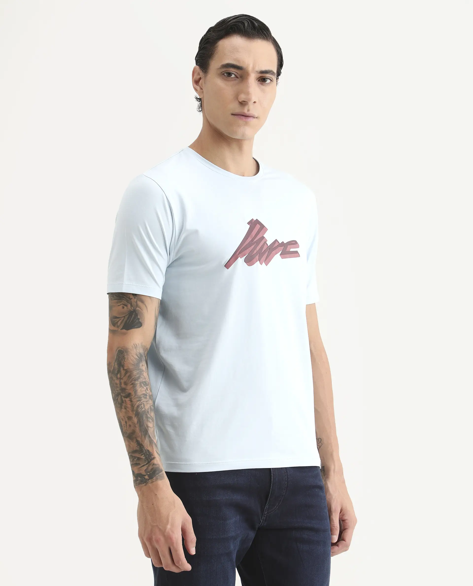 Rare Rabbit Men's Via Light Blue Cotton Blend Fabric Half Sleeve Crew Neck Regular Fit Graphic Print T-Shirt - Image 6