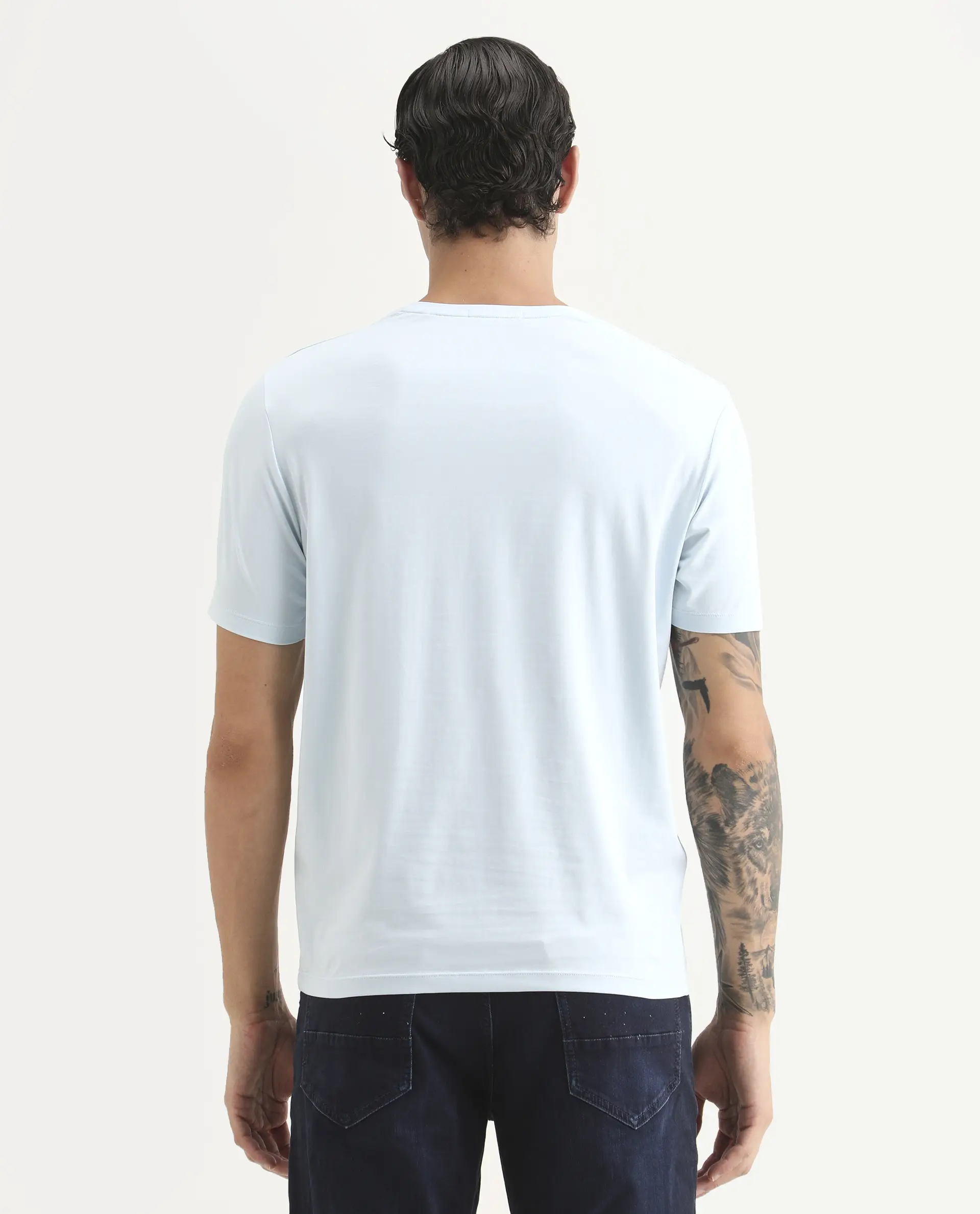 Rare Rabbit Men's Via Light Blue Cotton Blend Fabric Half Sleeve Crew Neck Regular Fit Graphic Print T-Shirt - Image 7