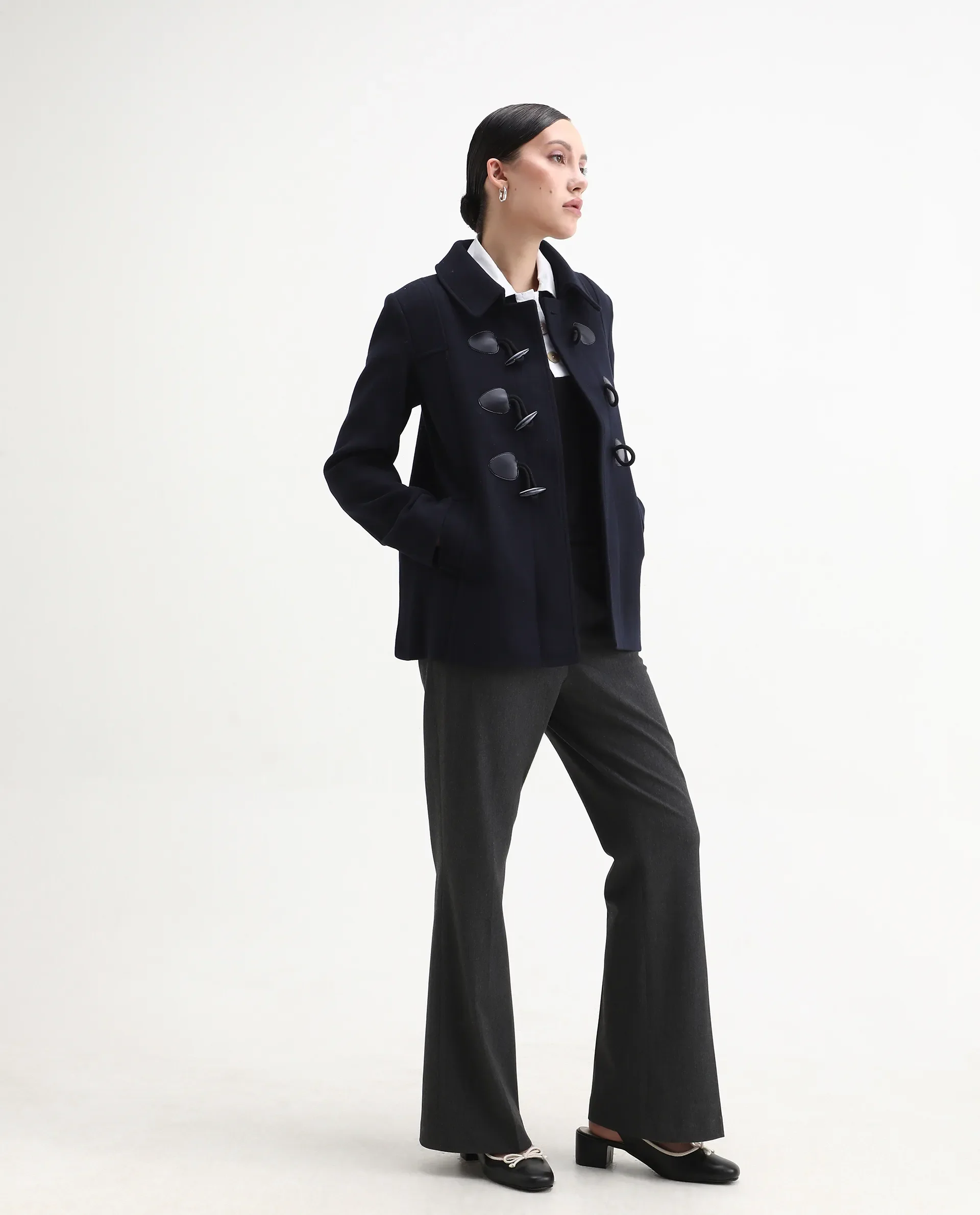 Rareism Women's Viaro Navy Polyester Collared Neck Regular Fit Plain Jacket - Image 2