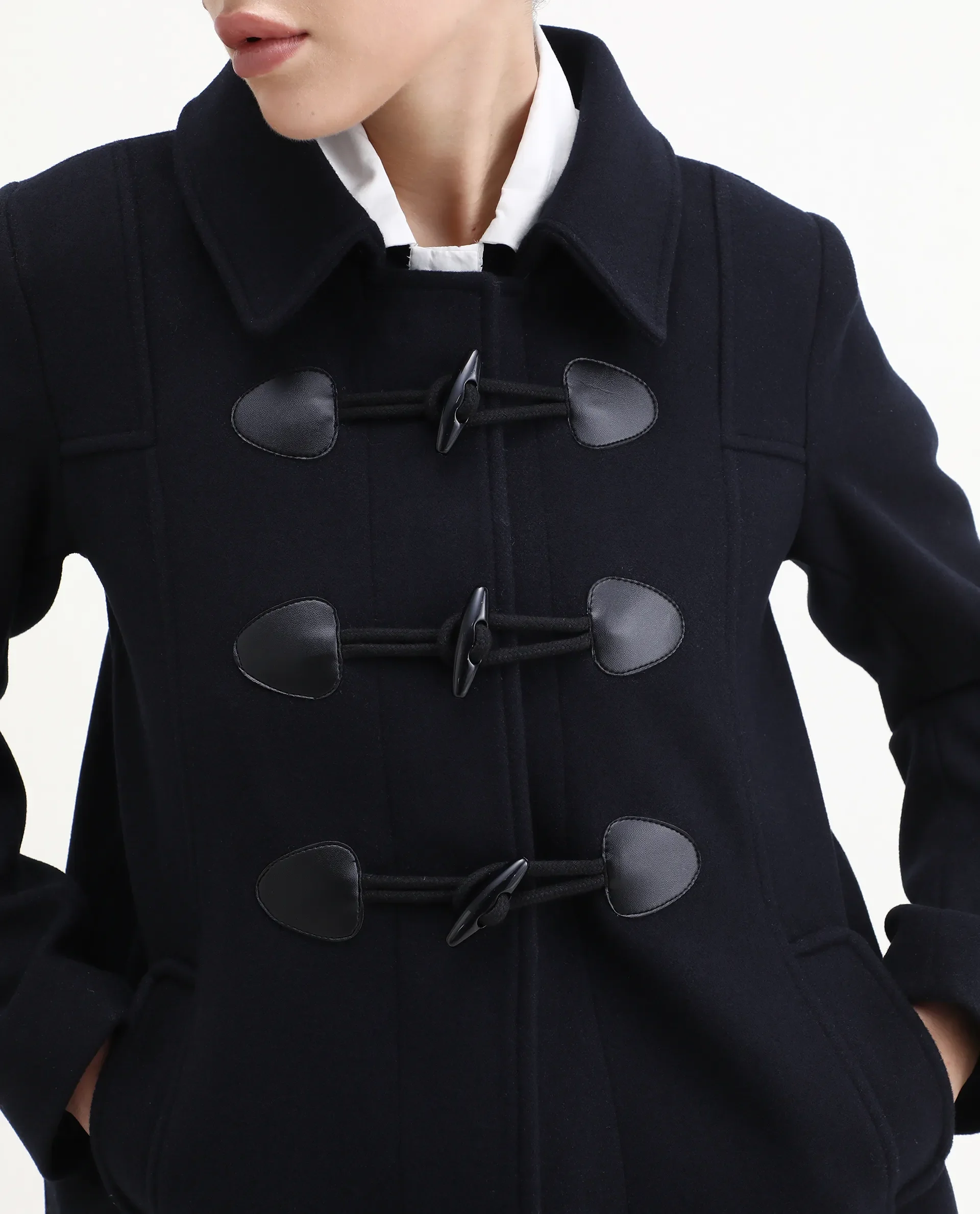 Rareism Women's Viaro Navy Polyester Collared Neck Regular Fit Plain Jacket - Image 3