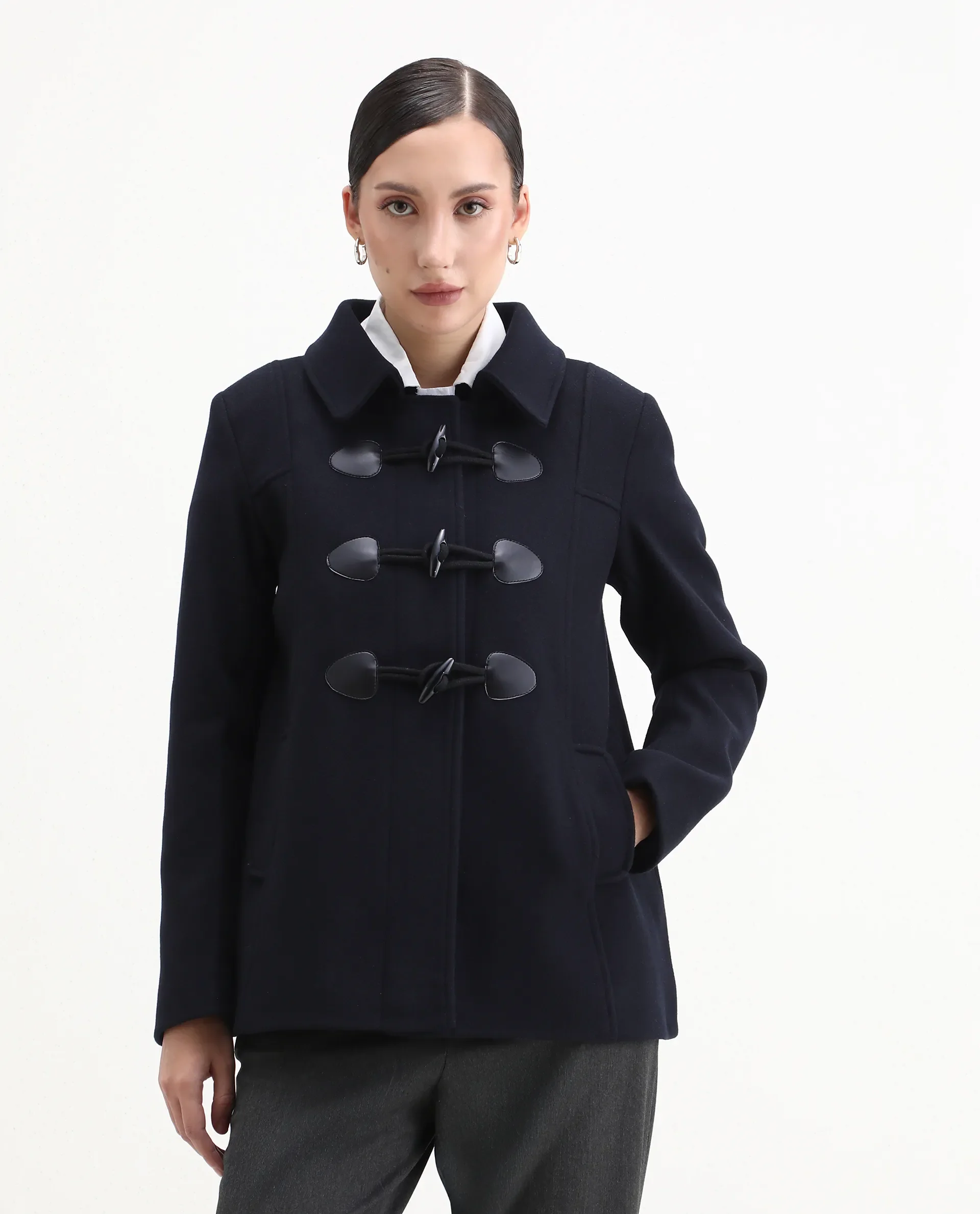 Rareism Women's Viaro Navy Polyester Collared Neck Regular Fit Plain Jacket - Image 4