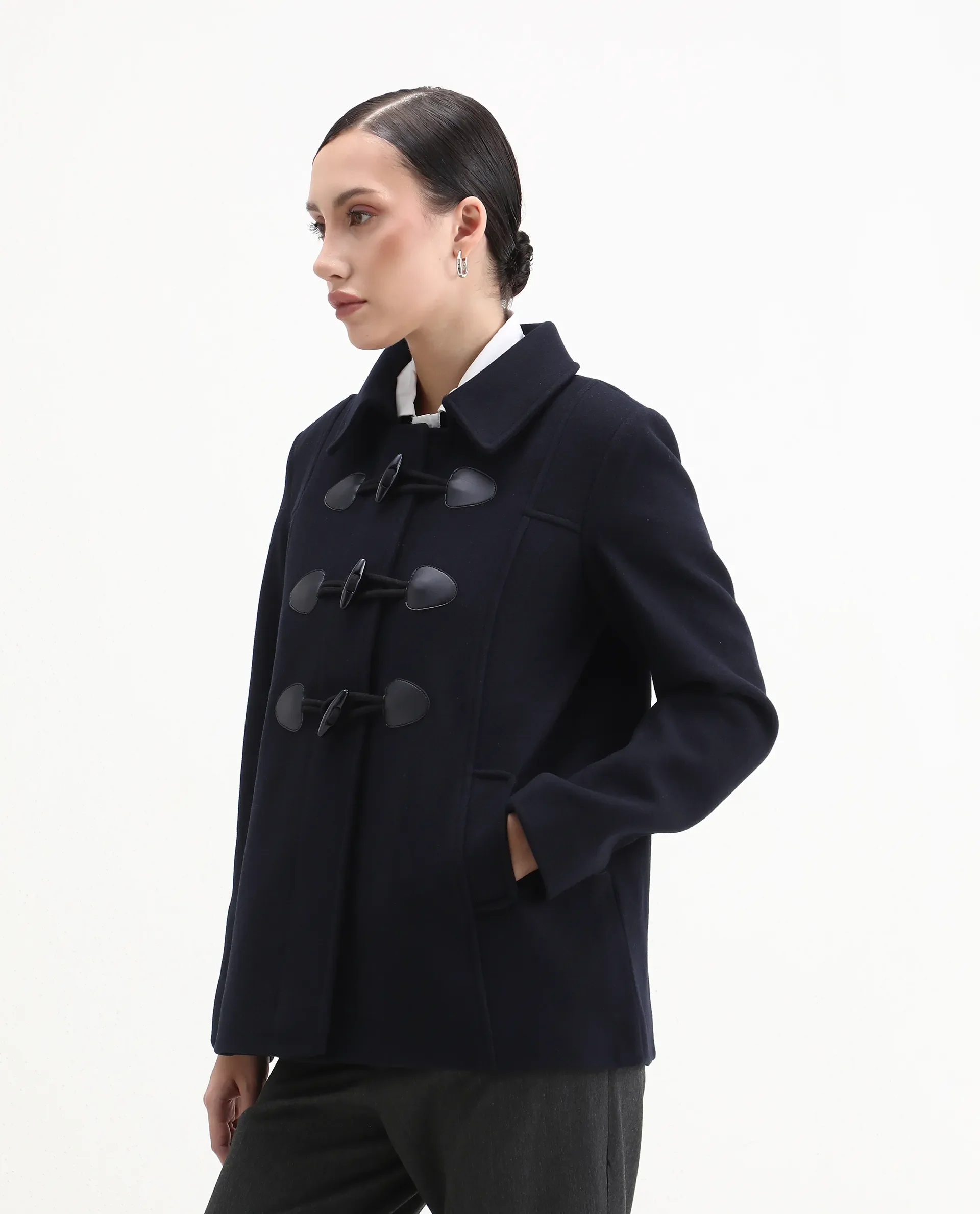Rareism Women's Viaro Navy Polyester Collared Neck Regular Fit Plain Jacket - Image 5