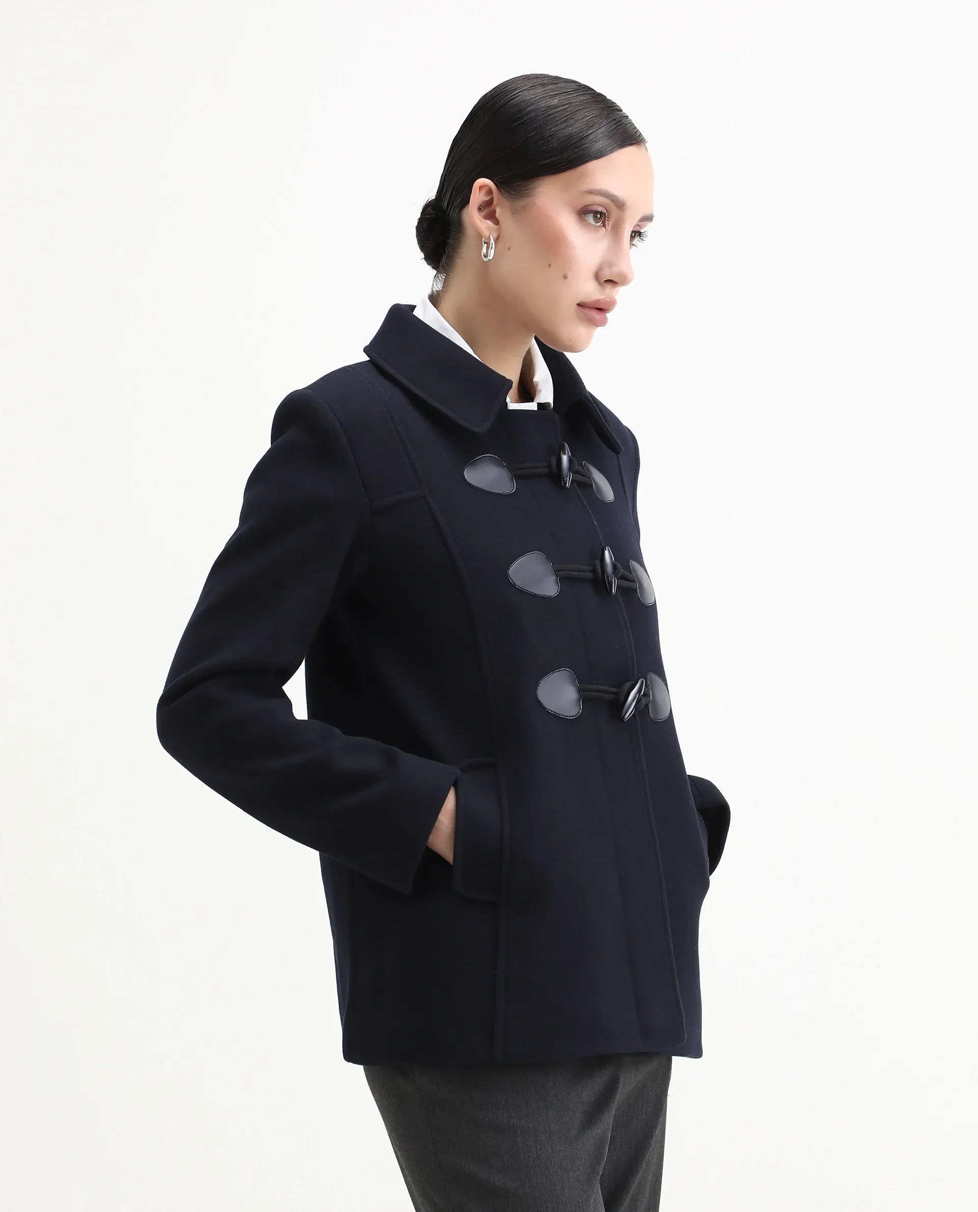 Rareism Women's Viaro Navy Polyester Collared Neck Regular Fit Plain Jacket - Image 6
