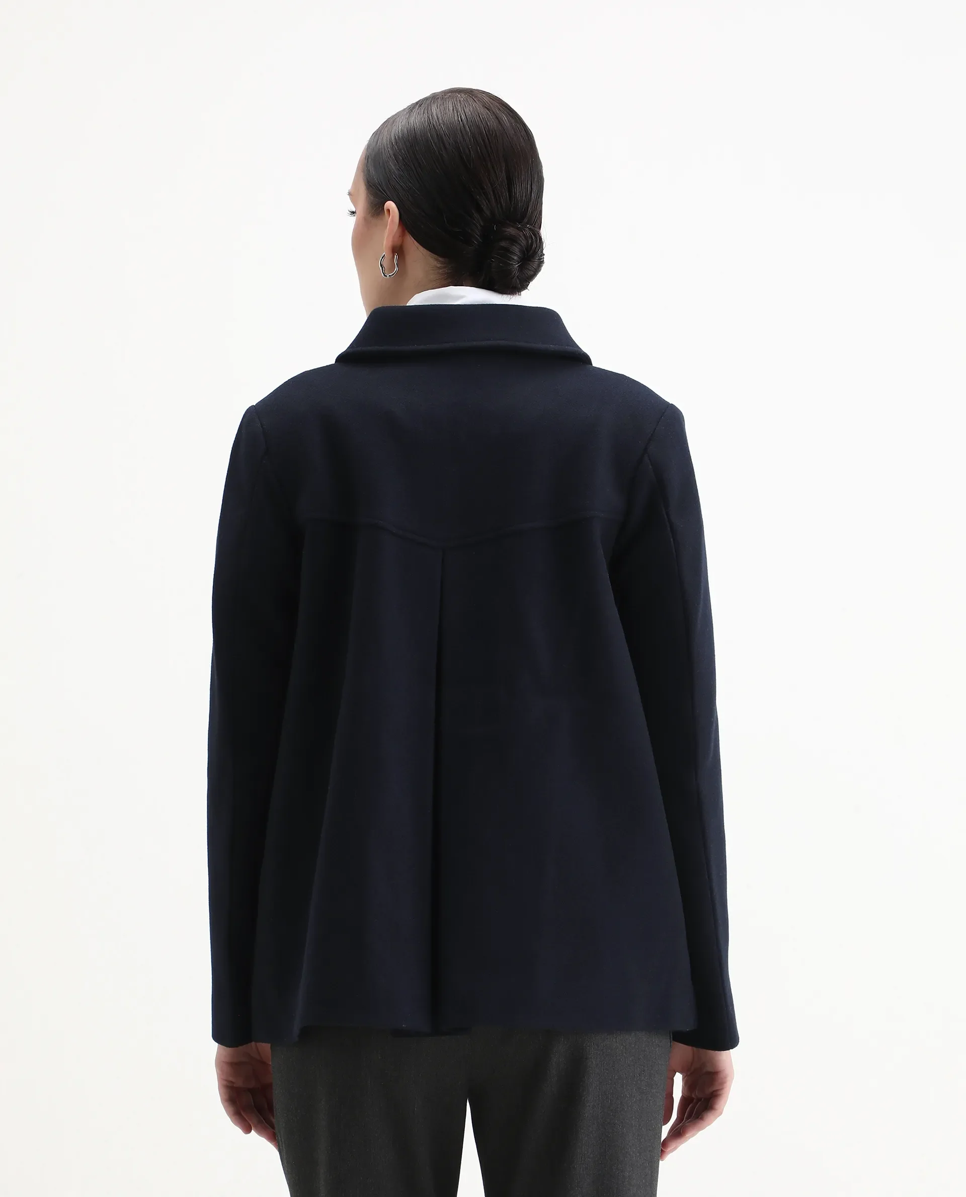 Rareism Women's Viaro Navy Polyester Collared Neck Regular Fit Plain Jacket - Image 7