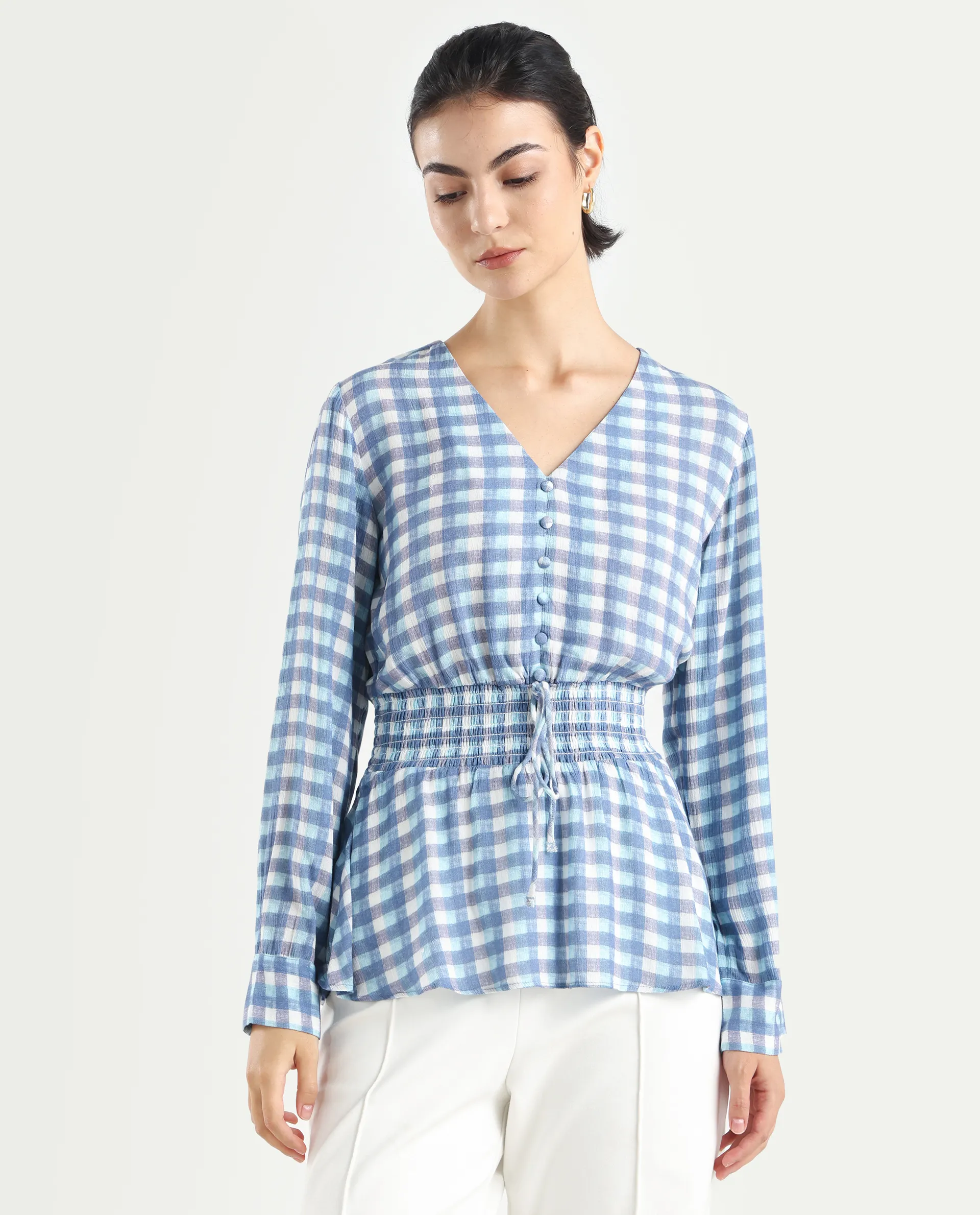 Rareism Women's Vibooy Blue Rayon V-Neck Flannel Print Cuffed Sleeve Regular Fit Top - Image 3
