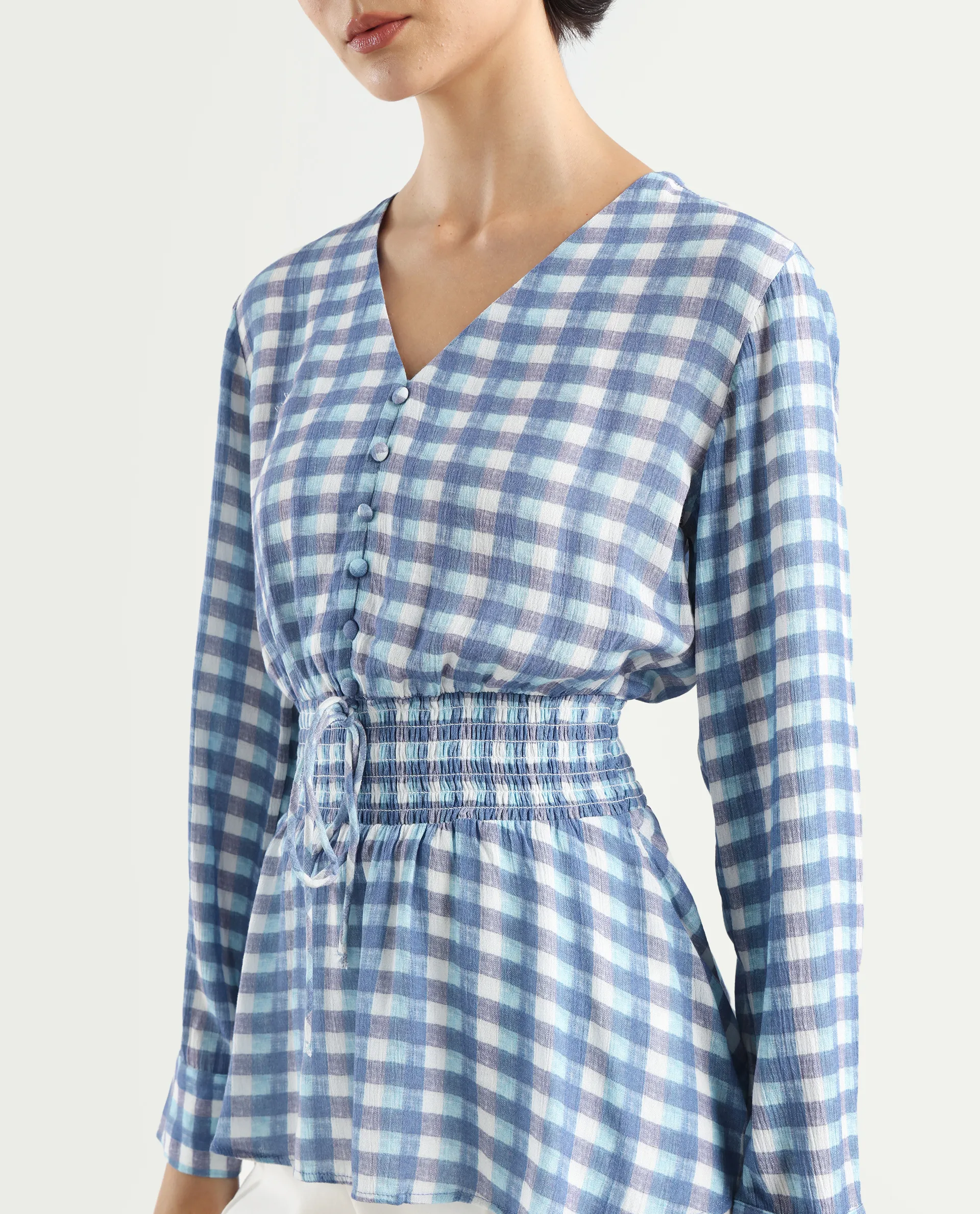 Rareism Women's Vibooy Blue Rayon V-Neck Flannel Print Cuffed Sleeve Regular Fit Top - Image 4